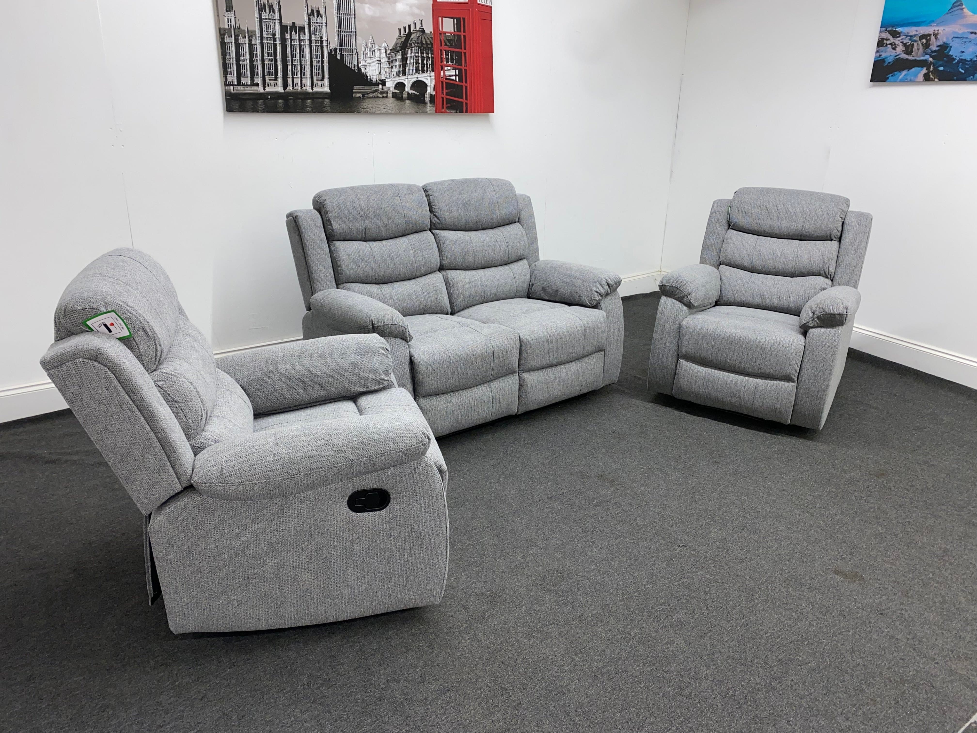 ‘Lewson’ Grey Fleck Fabric Recliner 2 + 1 + 1 Seater Sofa & Armchair Suite Set | Couch - Image 5