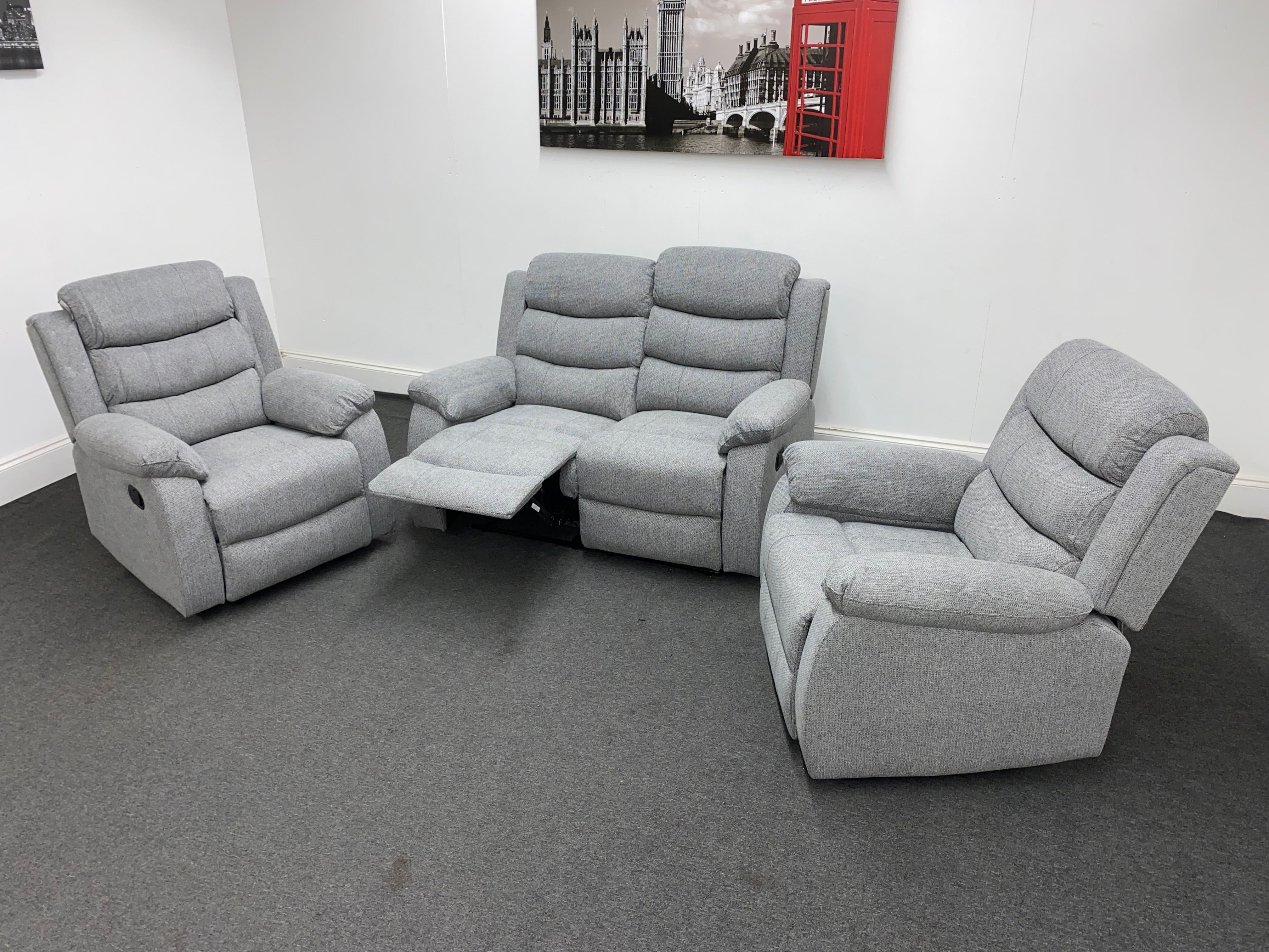 ‘Lewson’ Grey Fleck Fabric Recliner 2 + 1 + 1 Seater Sofa & Armchair Suite Set | Couch - Image 6