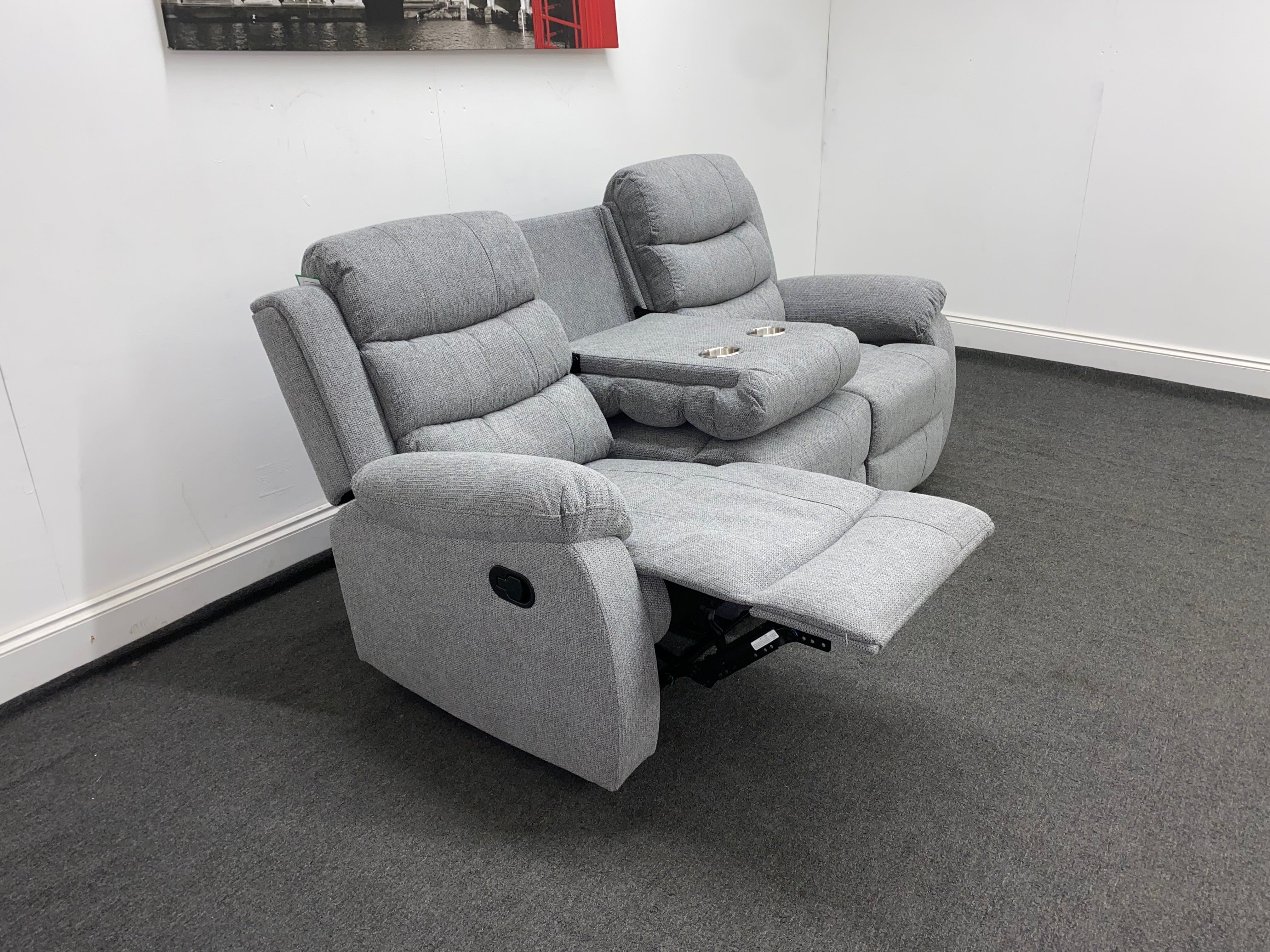 ‘Lewson’ Grey Fleck Fabric Recliner 3 + 1 + 1 Seater with Drinks Tray Table | Couch - Image 12