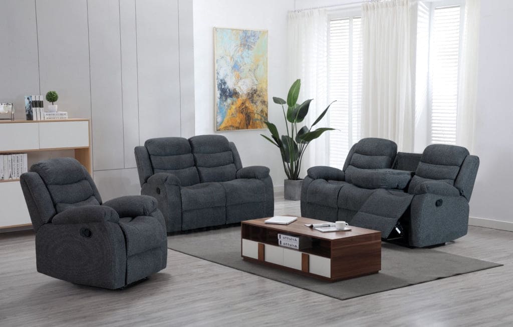 "Lewson" Manual Reclining Charcoal Grey Fabric Sofa Set Including a fold down drinks tray table. 3 seater, 2 seater or Chair | Couch |
