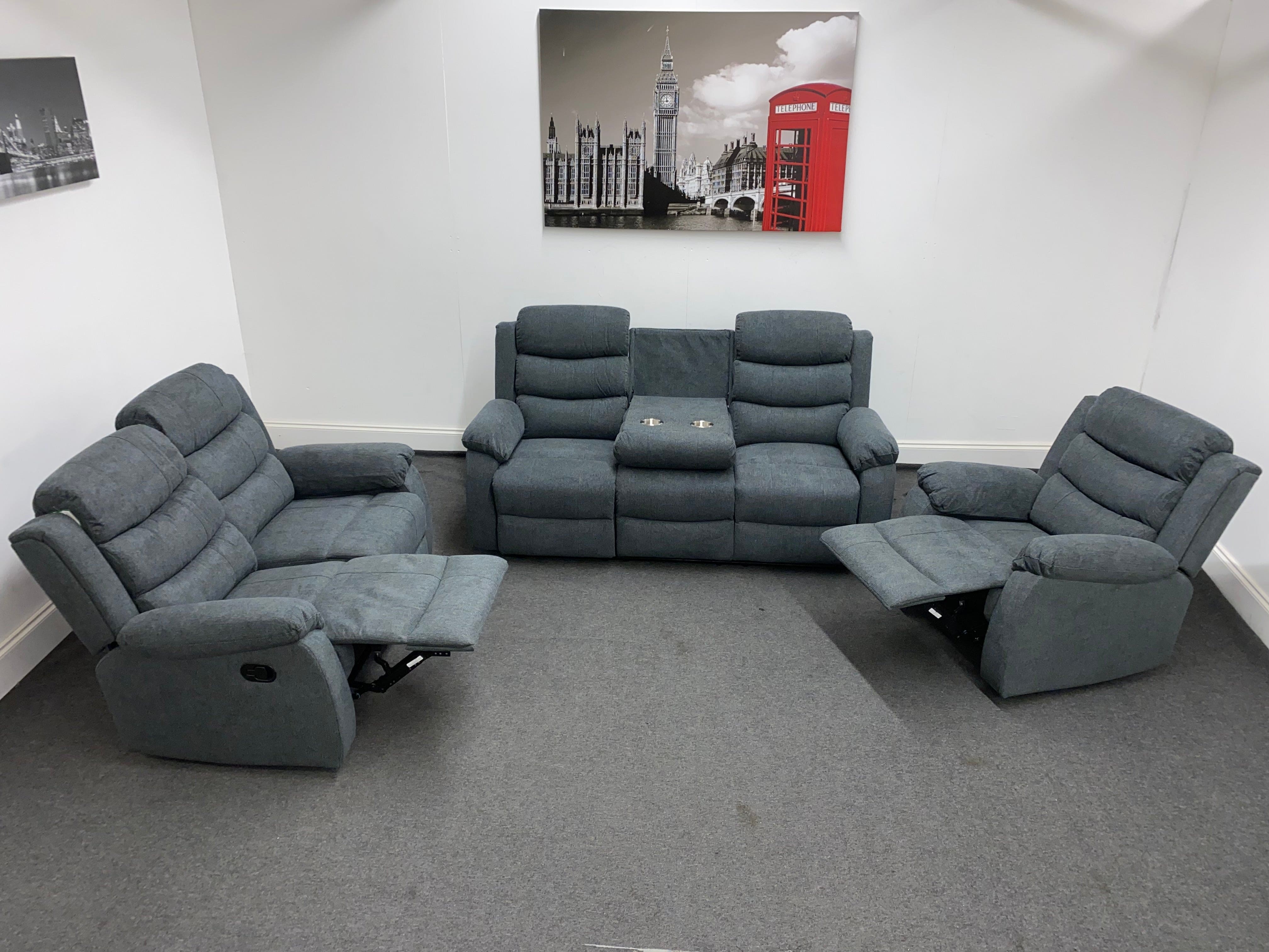 "Lewson" Manual Reclining Charcoal Grey Fabric Sofa Set Including a fold down drinks tray table. 3 seater, 2 seater or Chair | Couch | - Image 6