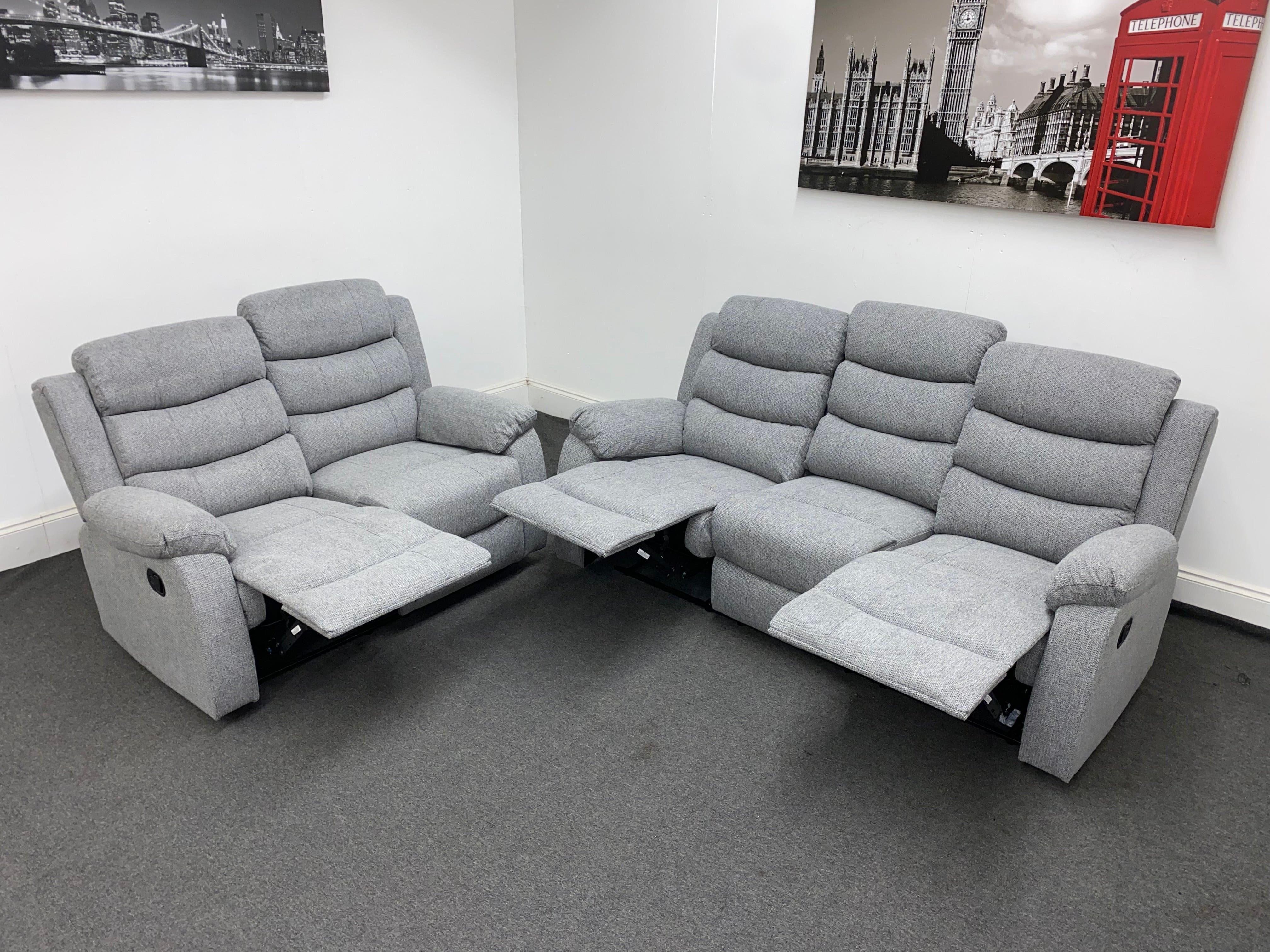 ‘Lewson’ Reclining Grey Fleck Fabric 3 Seater + 2 Seater Sofa Set + Drinks Tray Table | Couch | - Image 11