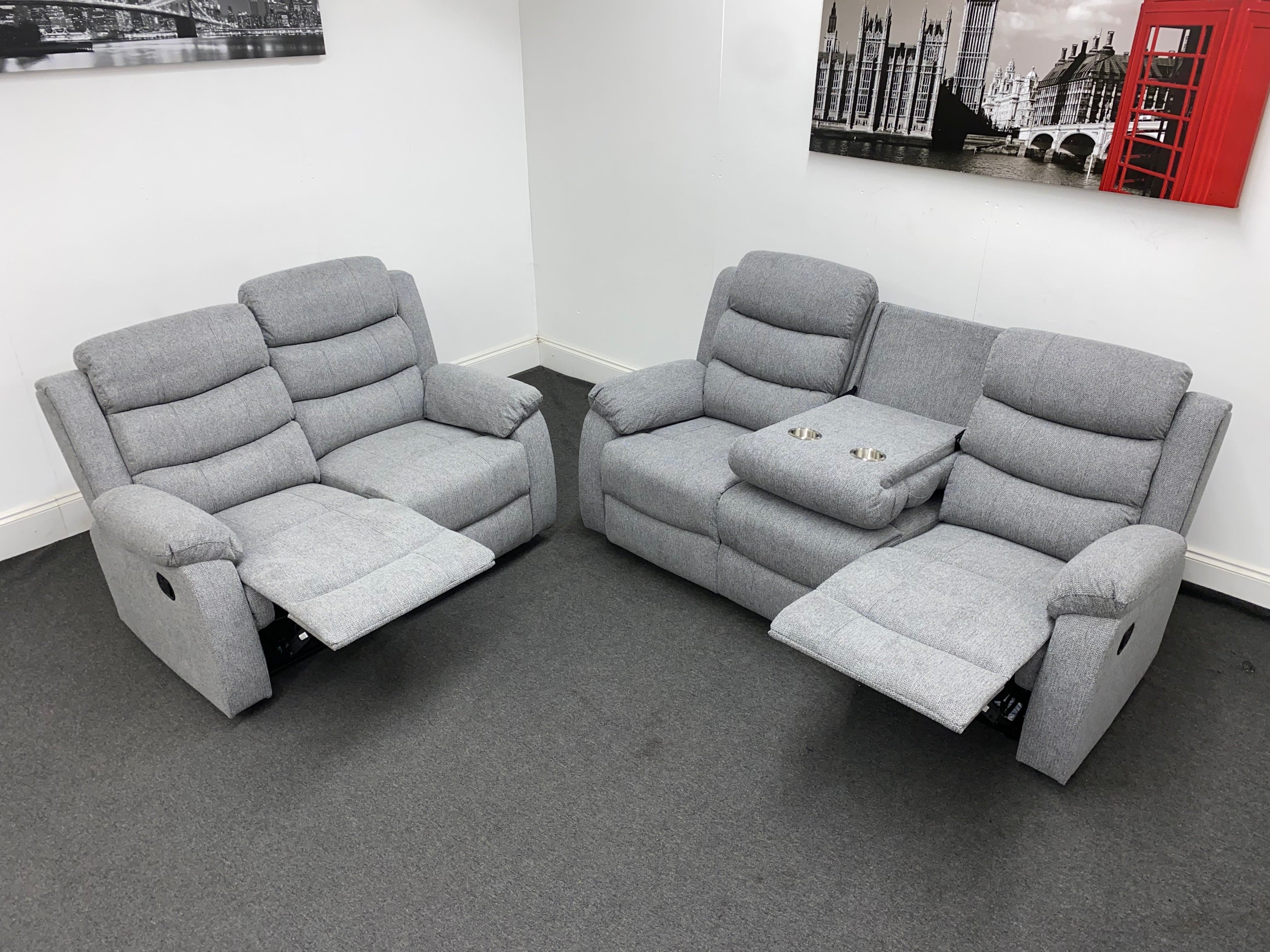 ‘Lewson’ Reclining Grey Fleck Fabric 3 Seater + 2 Seater Sofa Set + Drinks Tray Table | Couch | - Image 12
