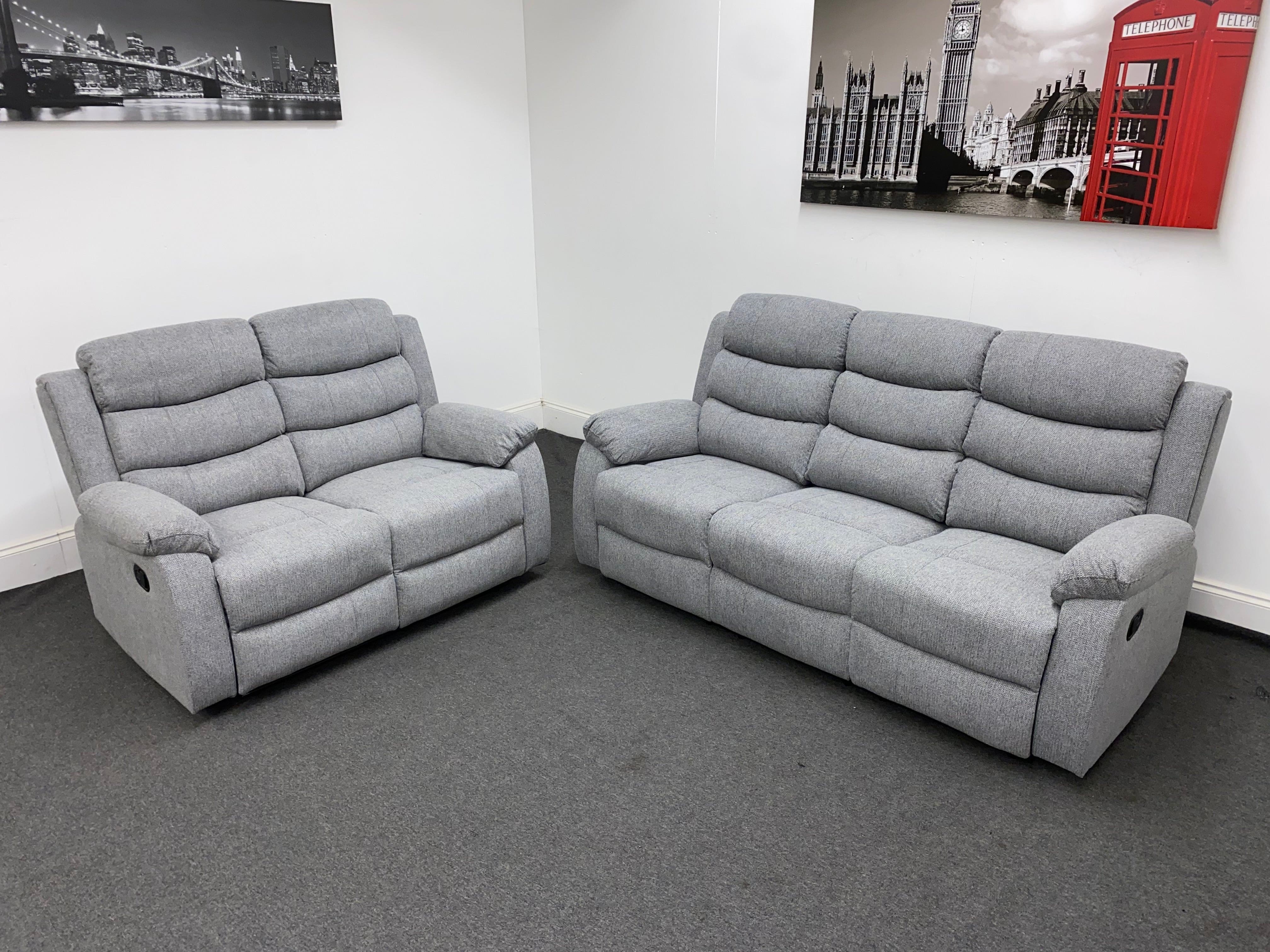 ‘Lewson’ Reclining Grey Fleck Fabric 3 Seater + 2 Seater Sofa Set + Drinks Tray Table | Couch | - Image 8