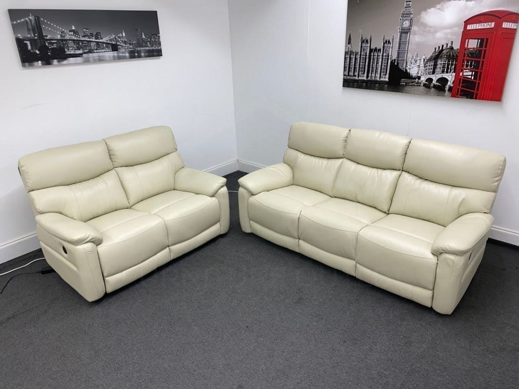 Ivory / Cream Milano Leather Electric Reclining 3 Seater + 2 Seater Sofa Suite Set | Drop Down Drinks Tray Table | 2 Stage Recline Feature | USB Device Charging Ports | Couch | - Image 2