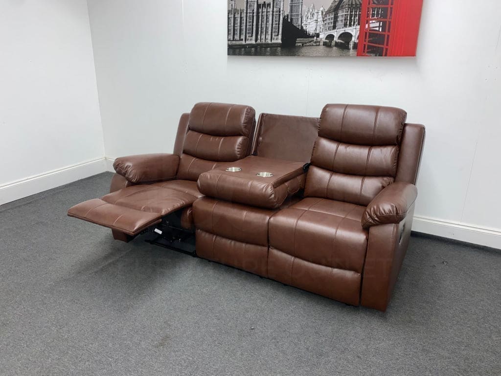 Lando Recliner Brown Leather 3 Seater Sofa - Drinks Tray Table - Image 11