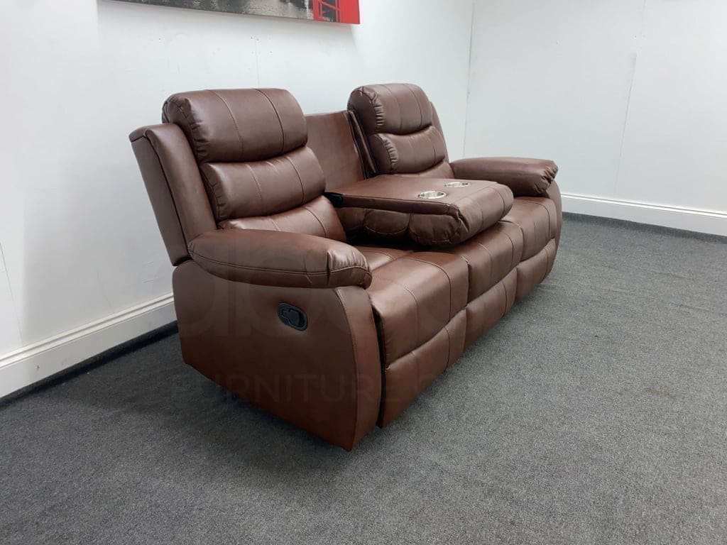Lando Recliner Brown Leather 3 Seater Sofa - Drinks Tray Table - Image 7