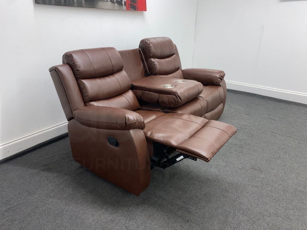 Lando Recliner Brown Leather 3 Seater Sofa - Drinks Tray Table - Image 8
