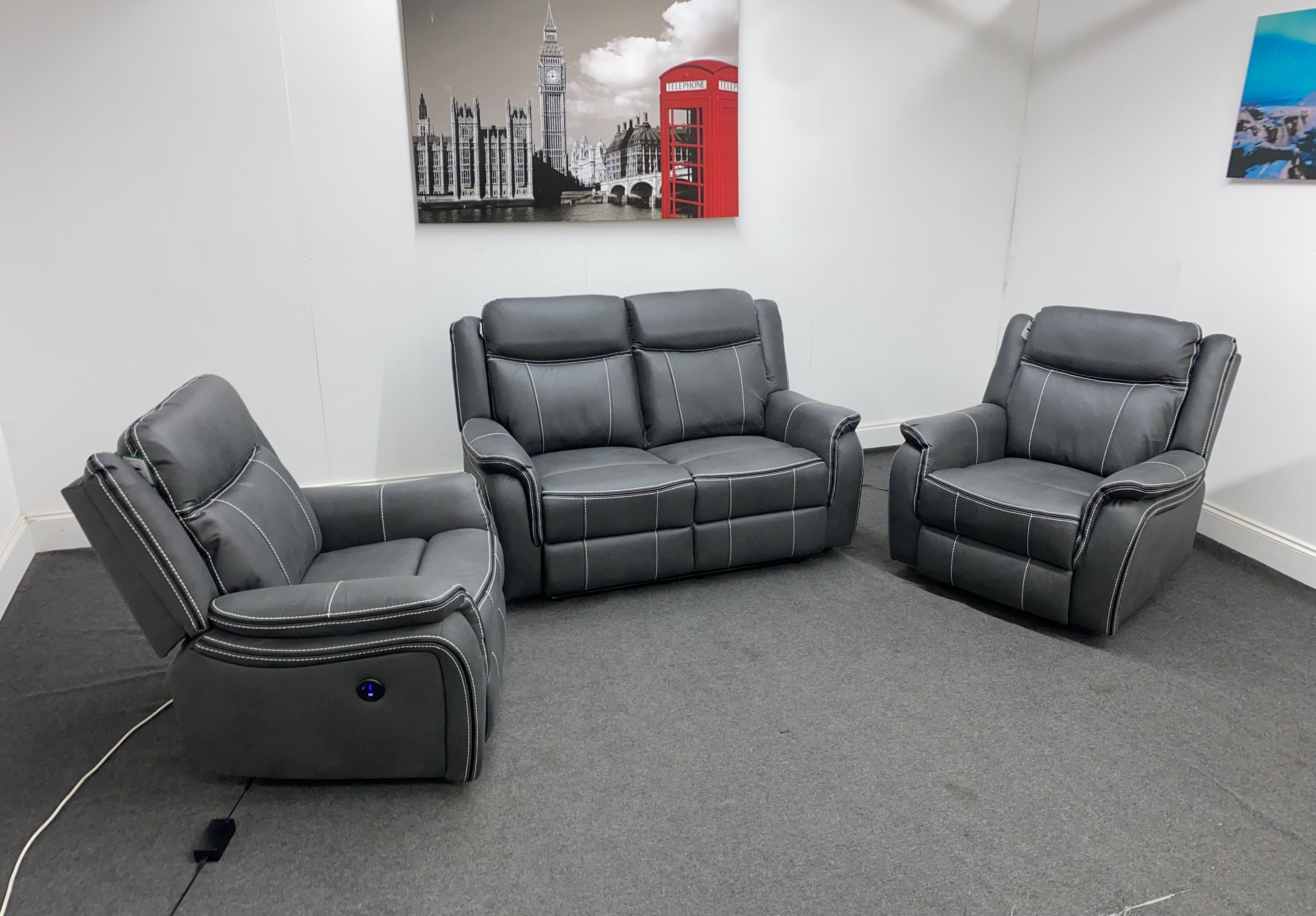 " Mason " Grey Water Resistant Microfibre Fabric 2 + 1 + 1 Seater Electric / Power Recliner Sofa Suite Set Complete With USB Ports | Couch | - Image 10