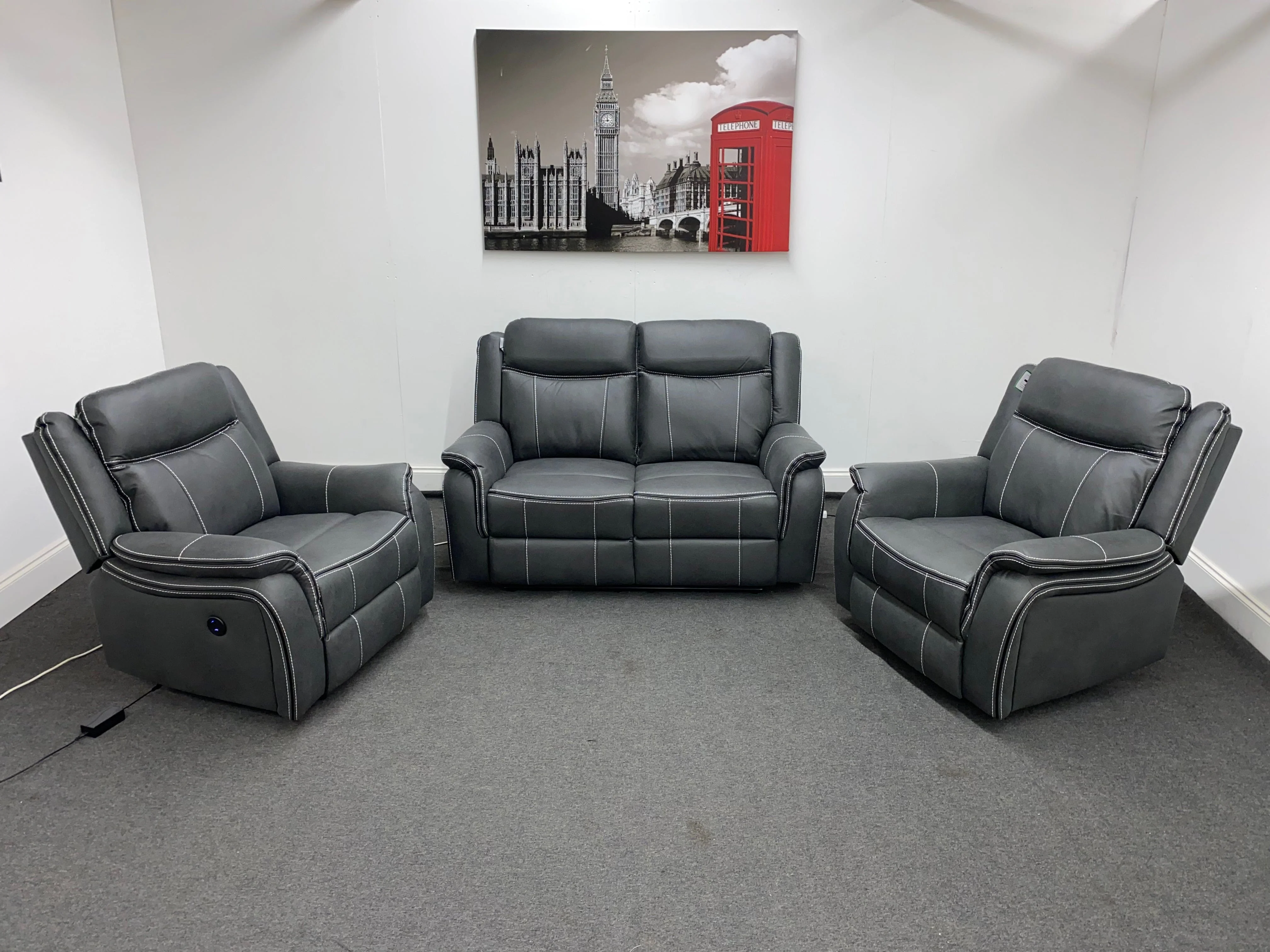 " Mason " Grey Water Resistant Microfibre Fabric 2 + 1 + 1 Seater Electric / Power Recliner Sofa Suite Set Complete With USB Ports | Couch | - Image 2