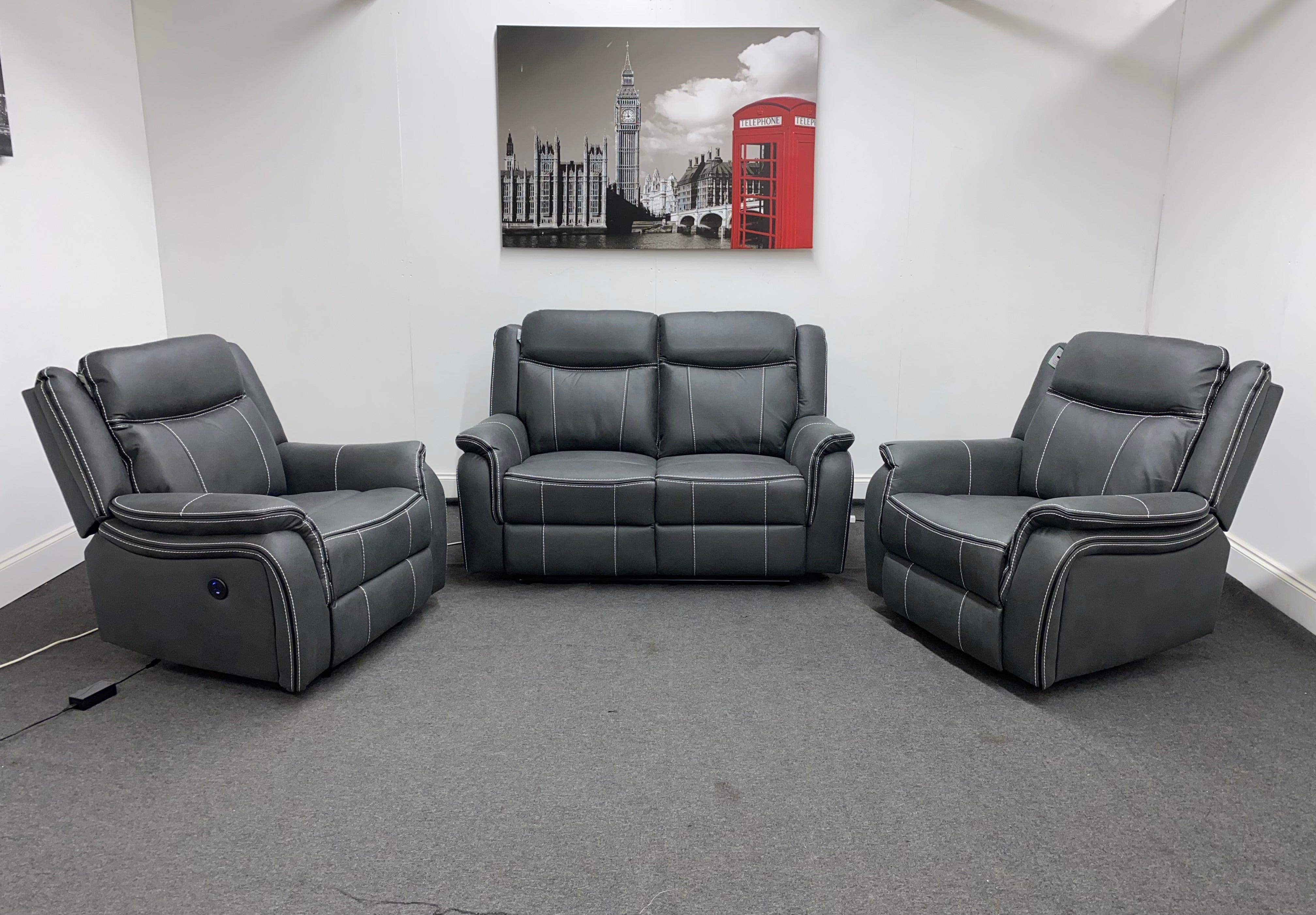 " Mason " Grey Water Resistant Microfibre Fabric 2 + 1 + 1 Seater Electric / Power Recliner Sofa Suite Set Complete With USB Ports | Couch | - Image 3