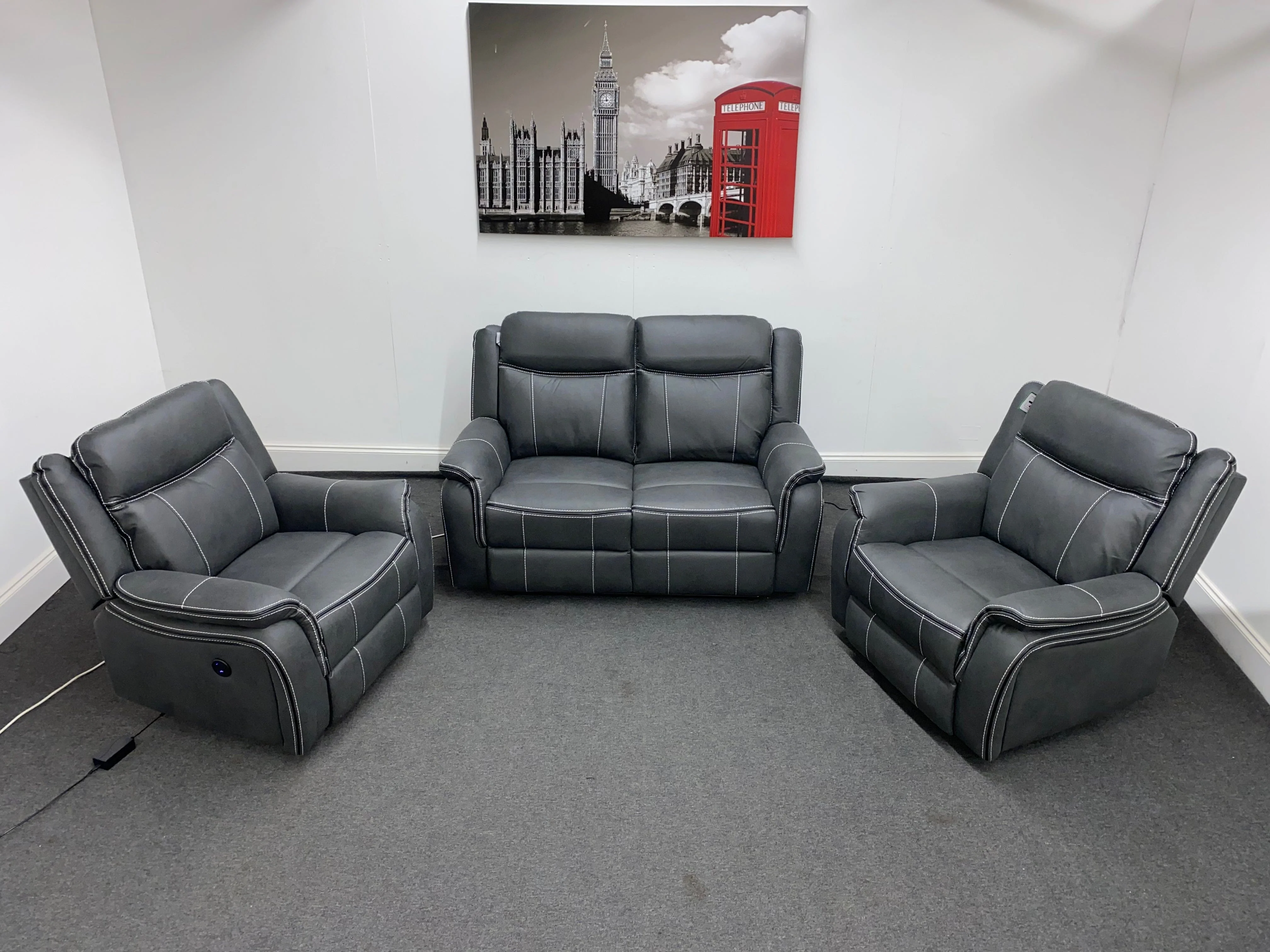 " Mason " Grey Water Resistant Microfibre Fabric 2 + 1 + 1 Seater Electric / Power Recliner Sofa Suite Set Complete With USB Ports | Couch | - Image 6