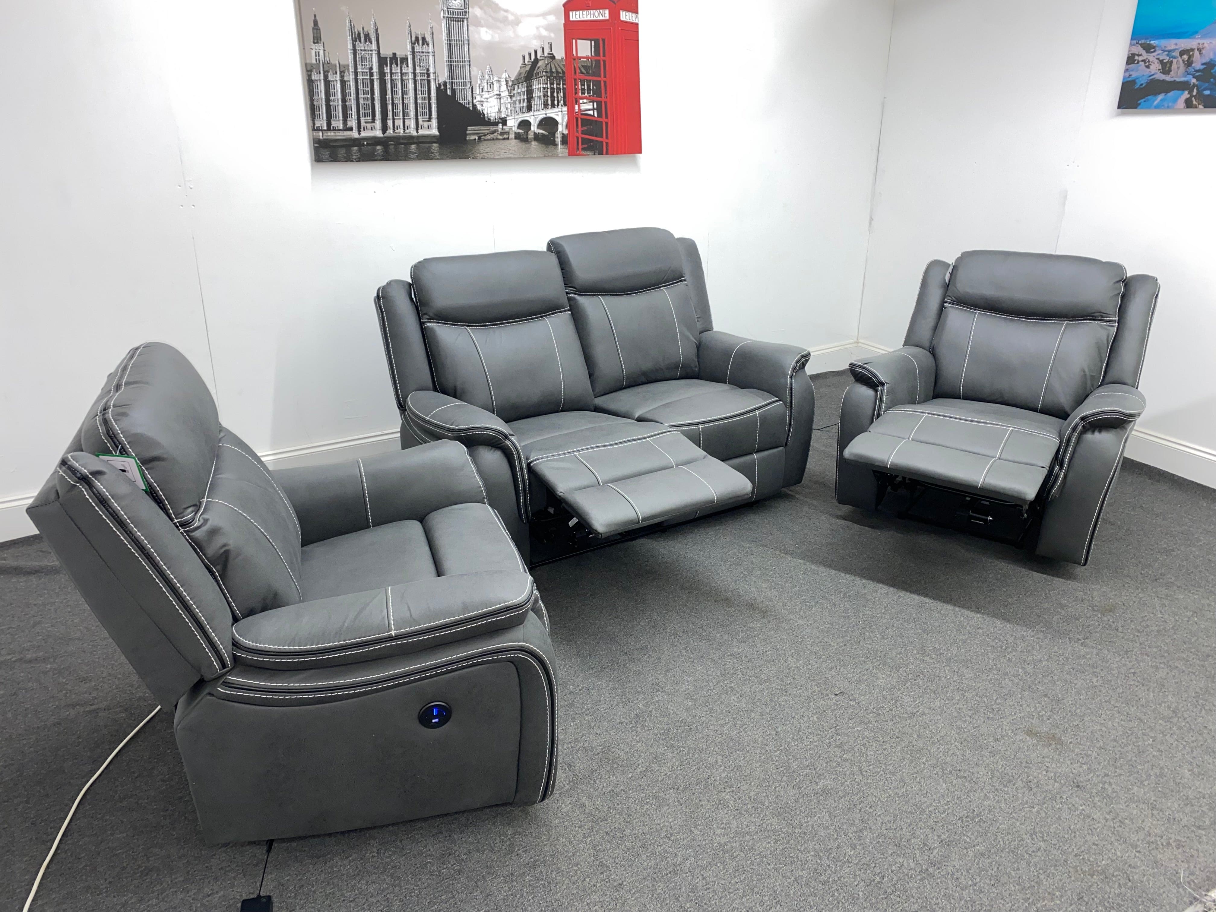 " Mason " Grey Water Resistant Microfibre Fabric 2 + 1 + 1 Seater Electric / Power Recliner Sofa Suite Set Complete With USB Ports | Couch | - Image 7