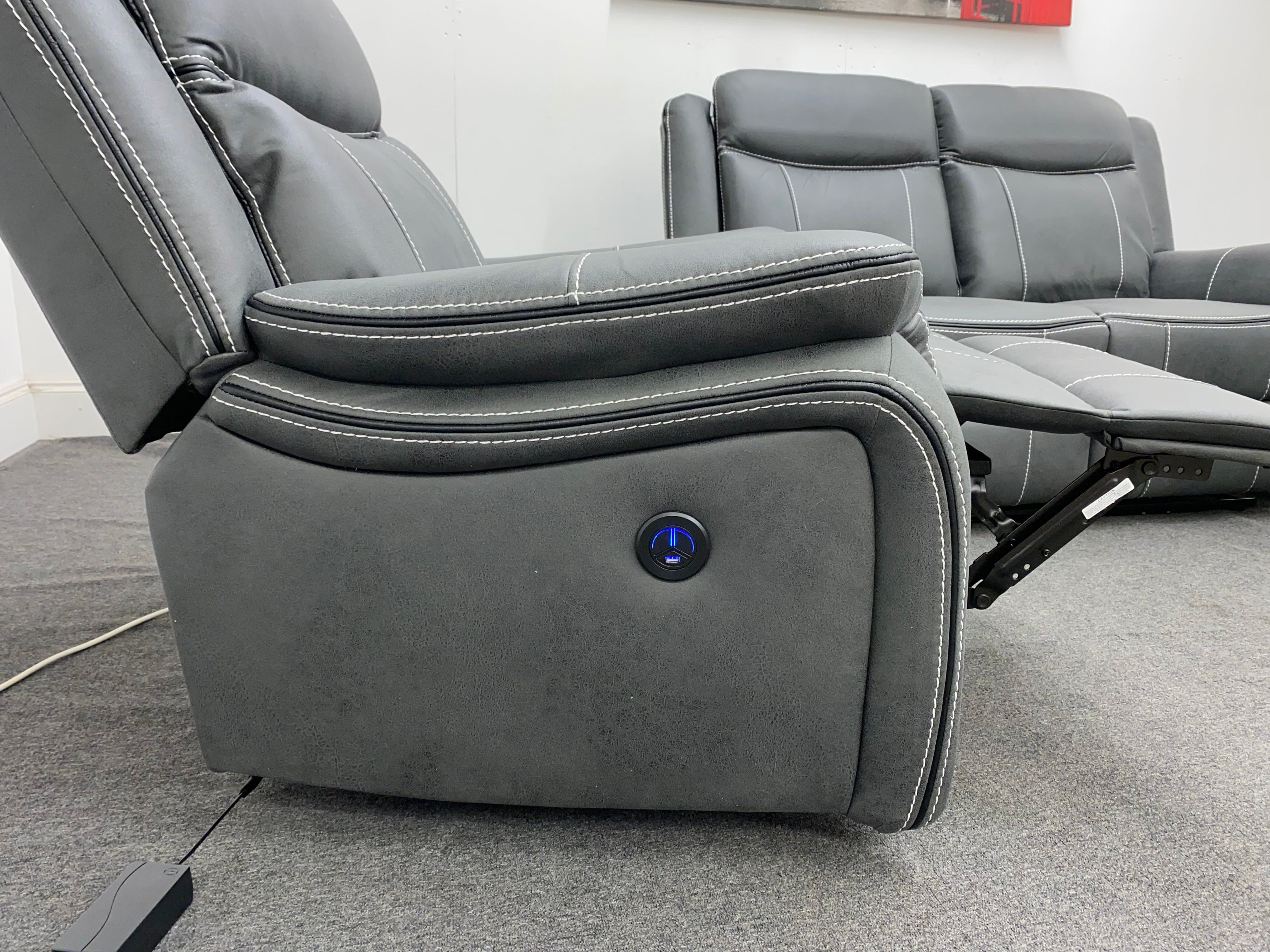 " Mason " Grey Water Resistant Microfibre Fabric 2 + 1 + 1 Seater Electric / Power Recliner Sofa Suite Set Complete With USB Ports | Couch | - Image 8