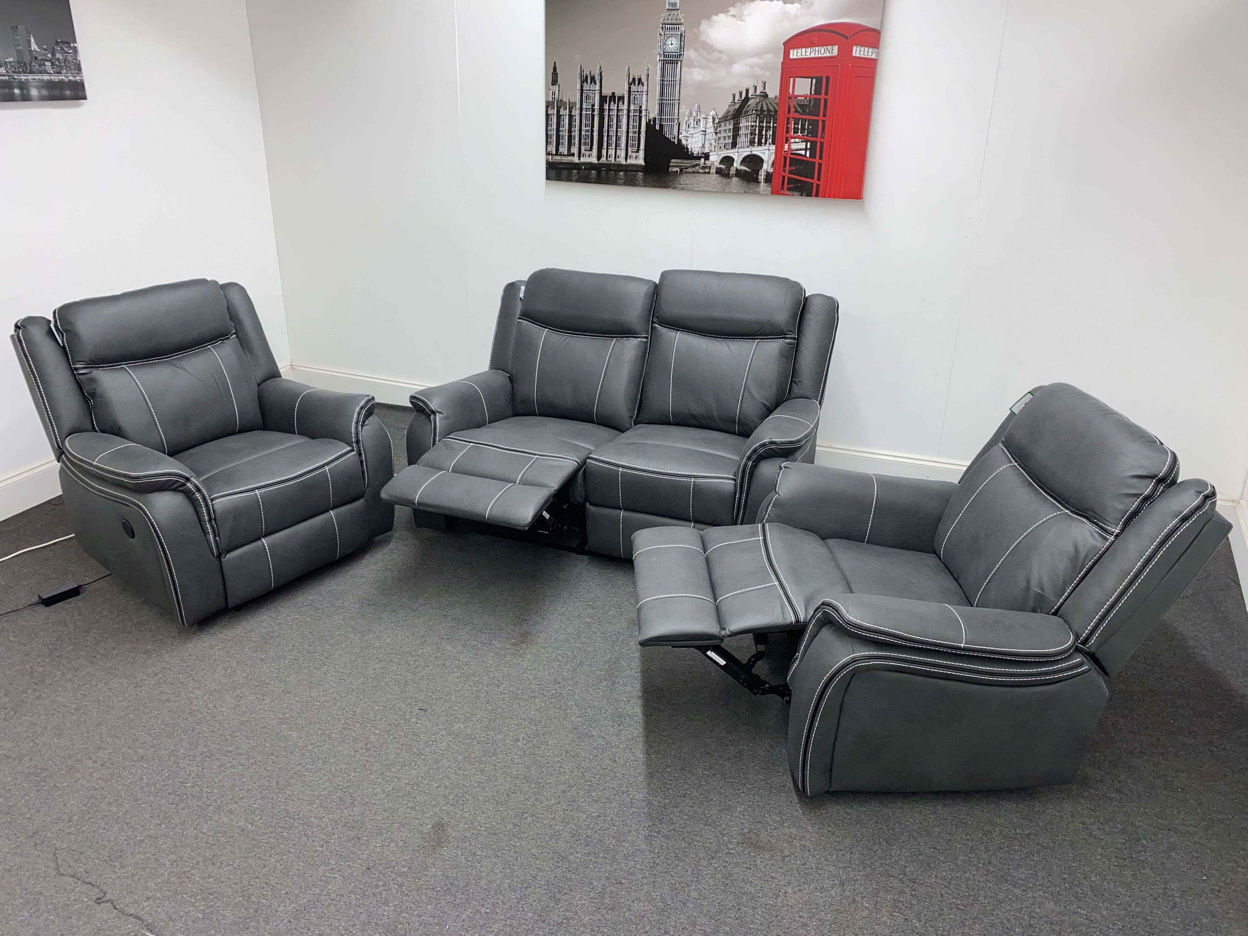 " Mason " Grey Water Resistant Microfibre Fabric 2 + 1 + 1 Seater Electric / Power Recliner Sofa Suite Set Complete With USB Ports | Couch | - Image 9