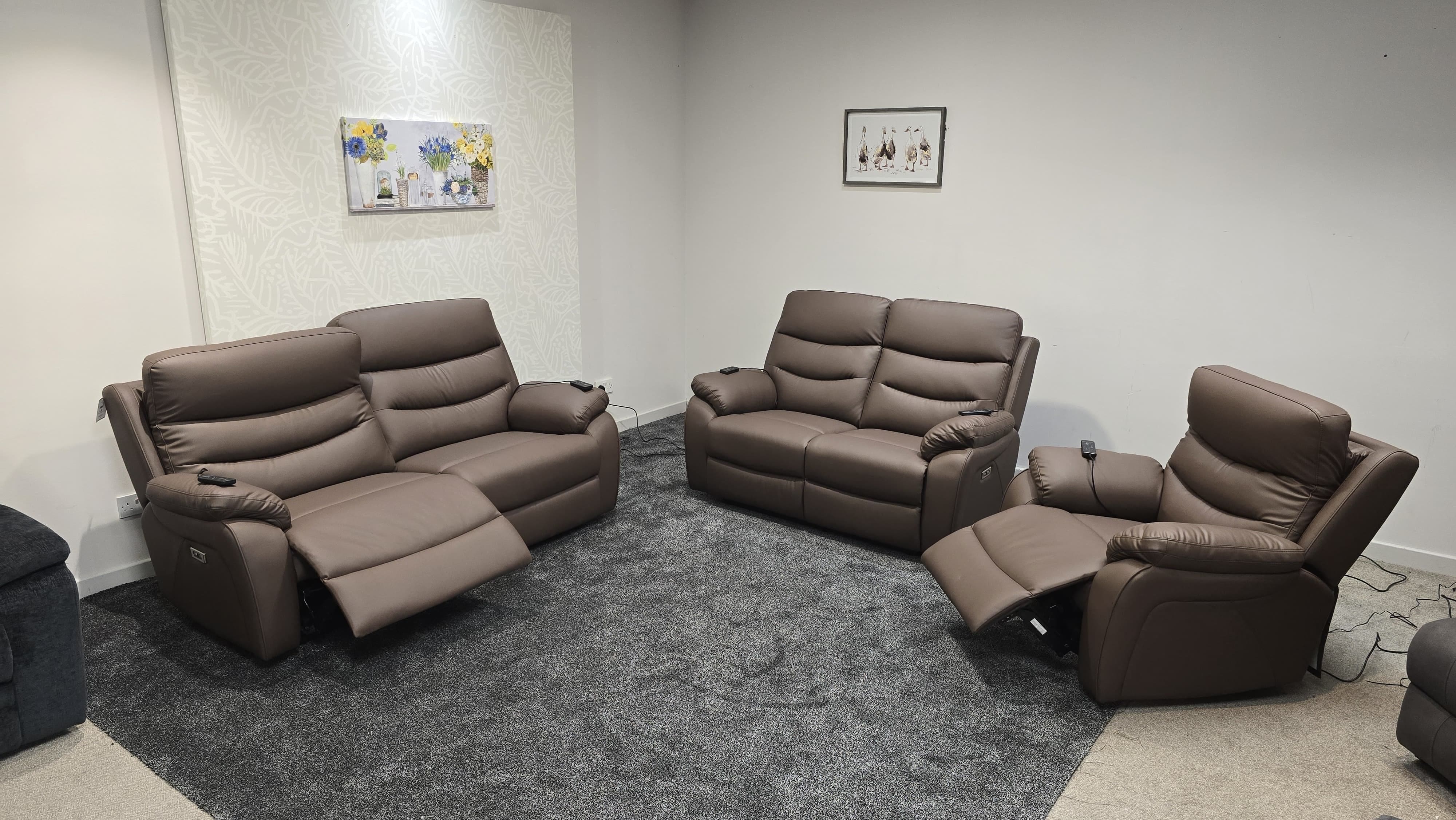 "Bertie" Brown Leather Electric Reclining Massage Sofa Range With Power Headrests & USB Charging Ports For Ultimate Comfort - Image 2