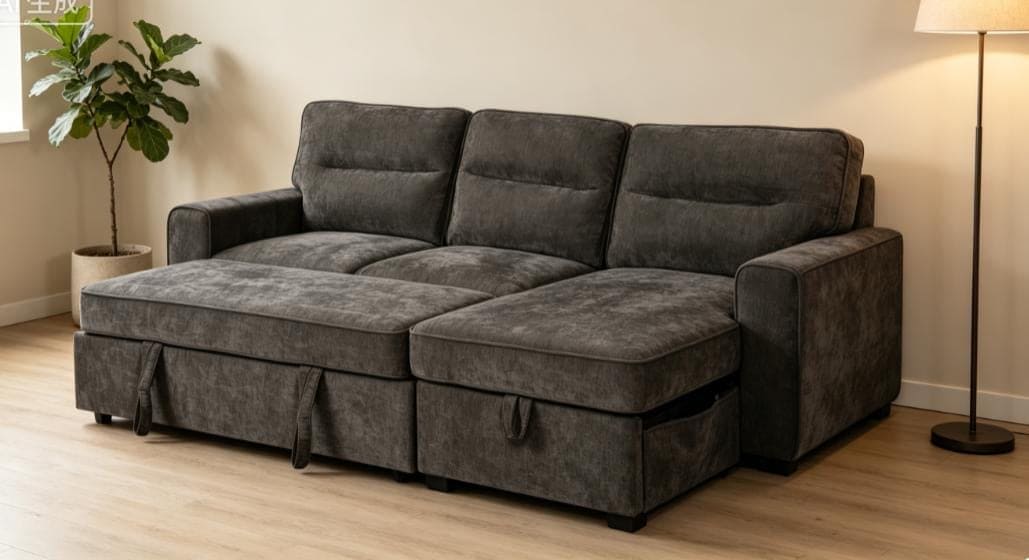 (Back in stock 15th August) 'Lionel' Charcoal Grey Fabric Right Hand Facing Corner Sofa Bed With Storage - Image 11