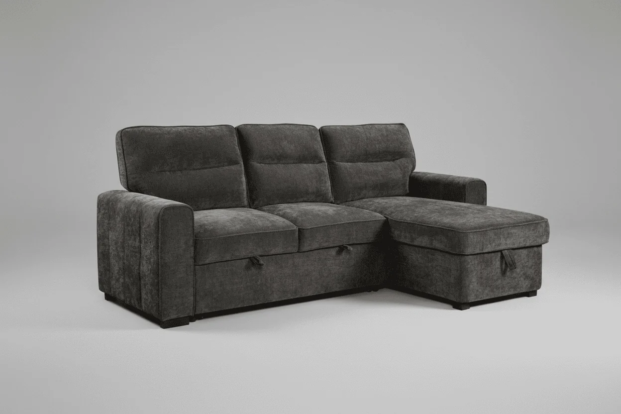 (Back in stock 15th August) 'Lionel' Charcoal Grey Fabric Right Hand Facing Corner Sofa Bed With Storage - Image 2