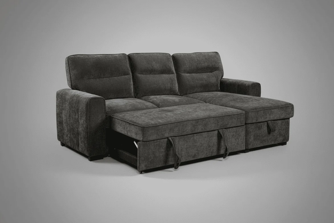 (Back in stock 15th August) 'Lionel' Charcoal Grey Fabric Right Hand Facing Corner Sofa Bed With Storage - Image 3