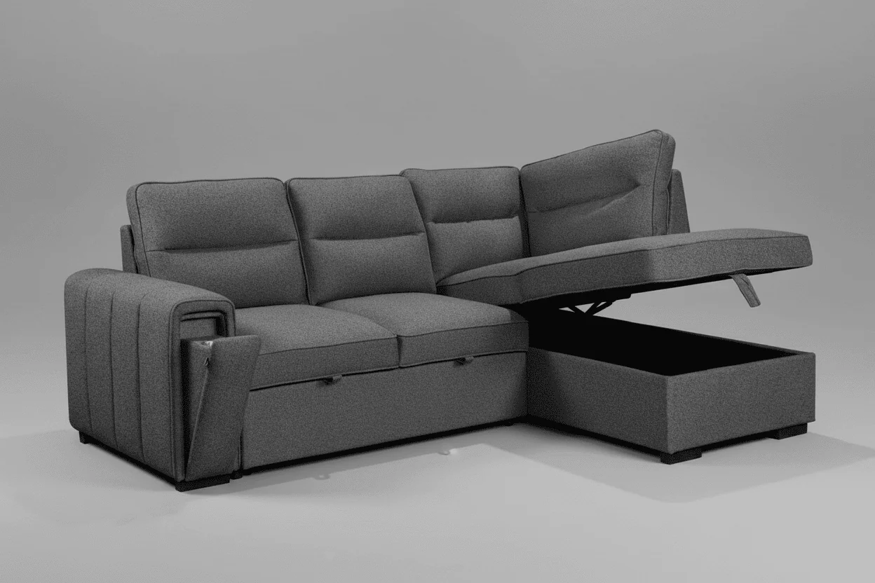 (Back in stock 15th August) 'Musk' Dark Grey Fabric Right Hand Facing Corner Sofa Bed With Storage & Drinks Holder - Image 2