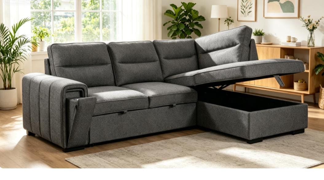 (Back in stock 15th August) 'Musk' Dark Grey Fabric Right Hand Facing Corner Sofa Bed With Storage & Drinks Holder - Image 3
