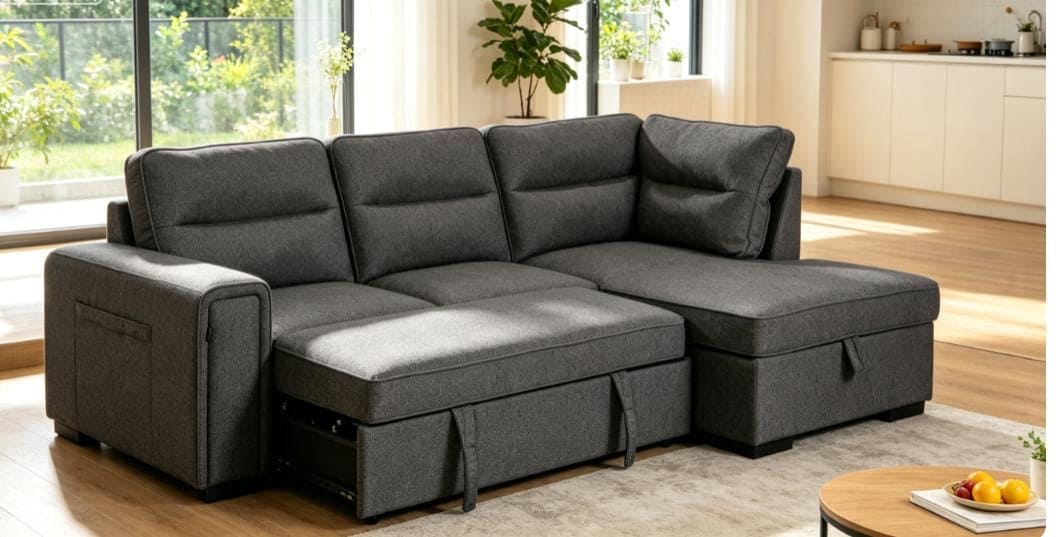 (Back in stock 15th August) 'Musk' Dark Grey Fabric Right Hand Facing Corner Sofa Bed With Storage & Drinks Holder - Image 4