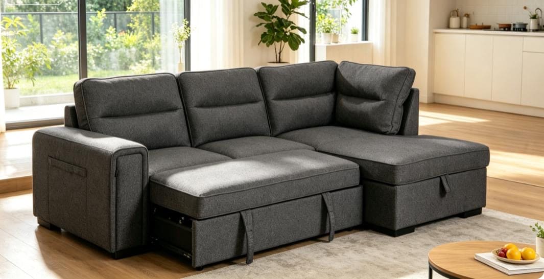 (Back in stock 15th August) 'Musk' Dark Grey Fabric Right Hand Facing Corner Sofa Bed With Storage & Drinks Holder - Image 5