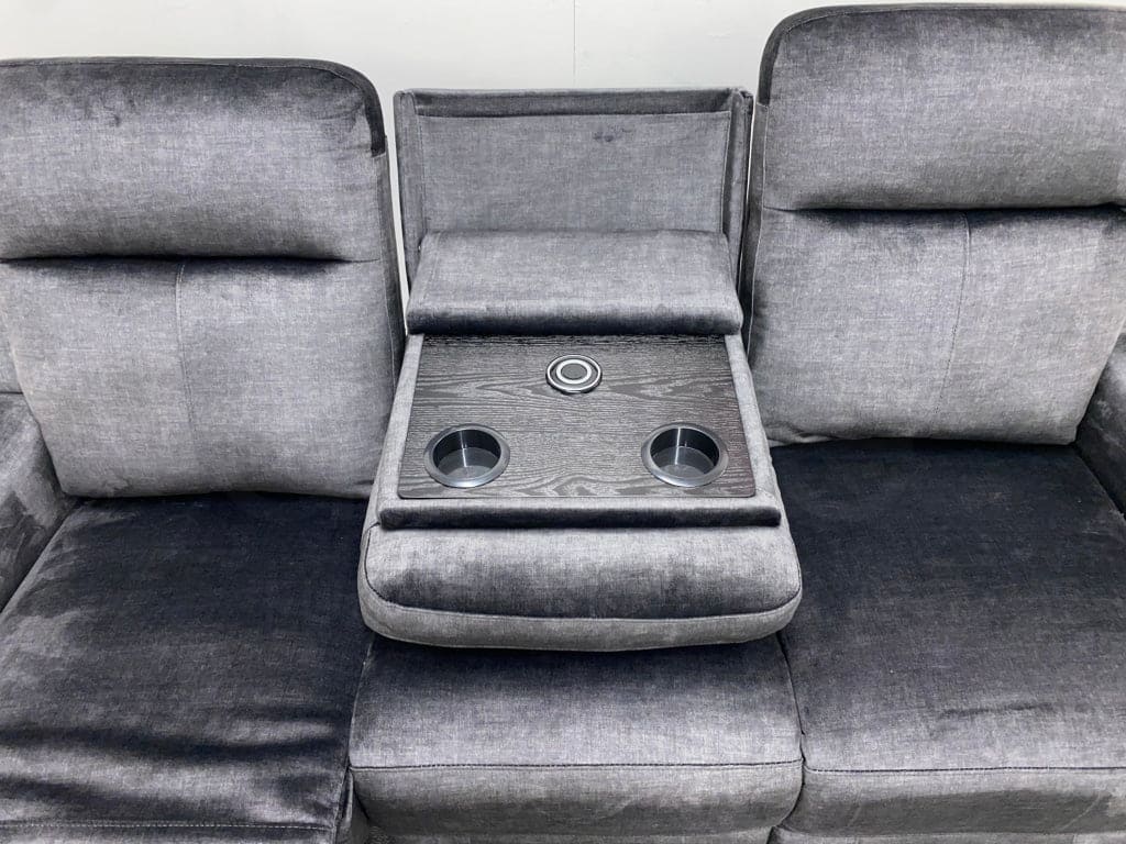 Orwell - Compact Charcoal Grey Velvet Electric / Power Reclining 3 Seater - USB Charging & Drinks Tray Table With Wireless Charging - Image 13
