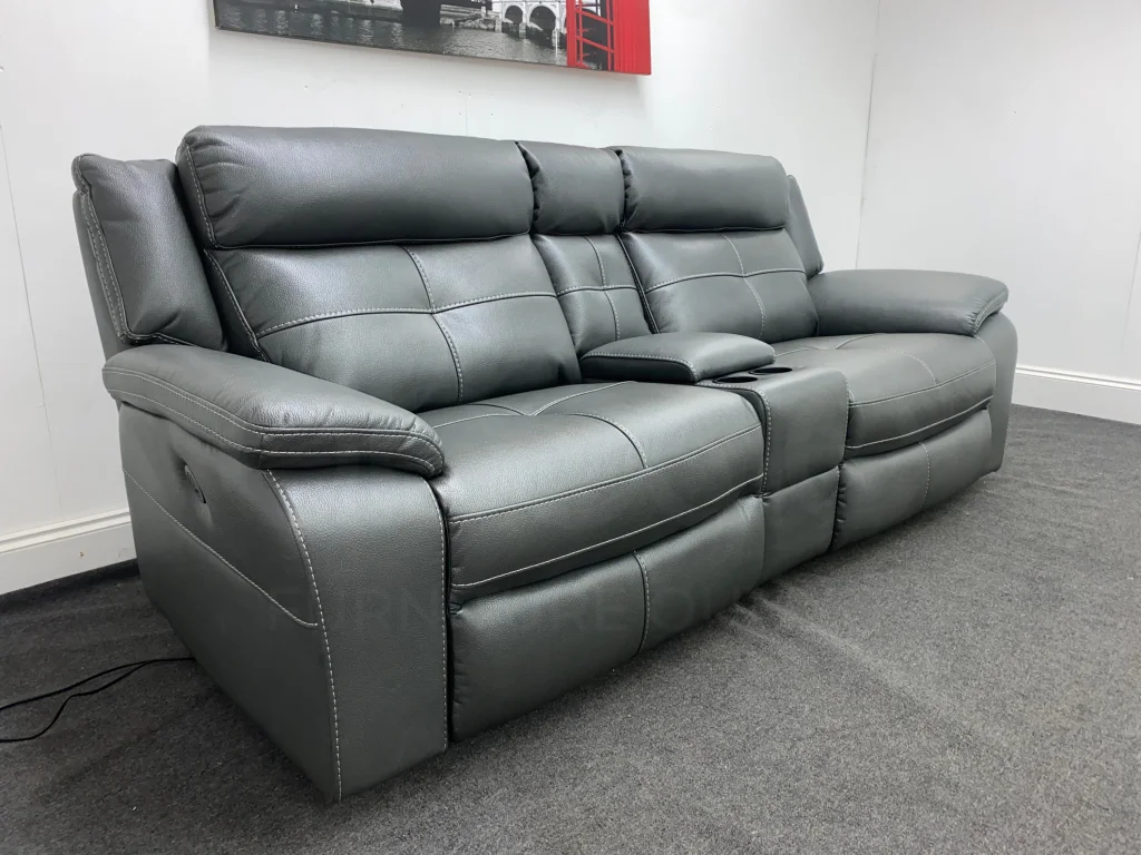 Parker Electric Recliner Grey Leather 3 Seater Sofa With Consol - Image 8