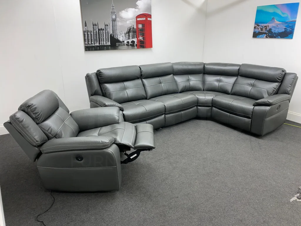 Parker Electric Recliner Grey Leather Reversible 2c1 Corner Sofa + Electric Recliner Armchair Set - Image 3