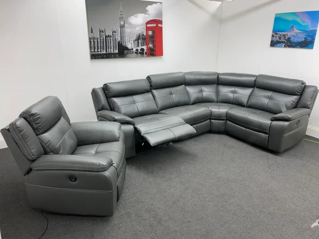 Parker Electric Recliner Grey Leather Reversible 2c1 Corner Sofa + Electric Recliner Armchair Set - Image 4