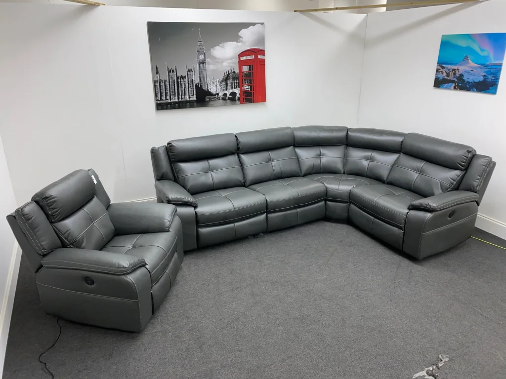 Parker Electric Recliner Grey Leather Reversible 2c1 Corner Sofa + Electric Recliner Armchair Set - Image 5