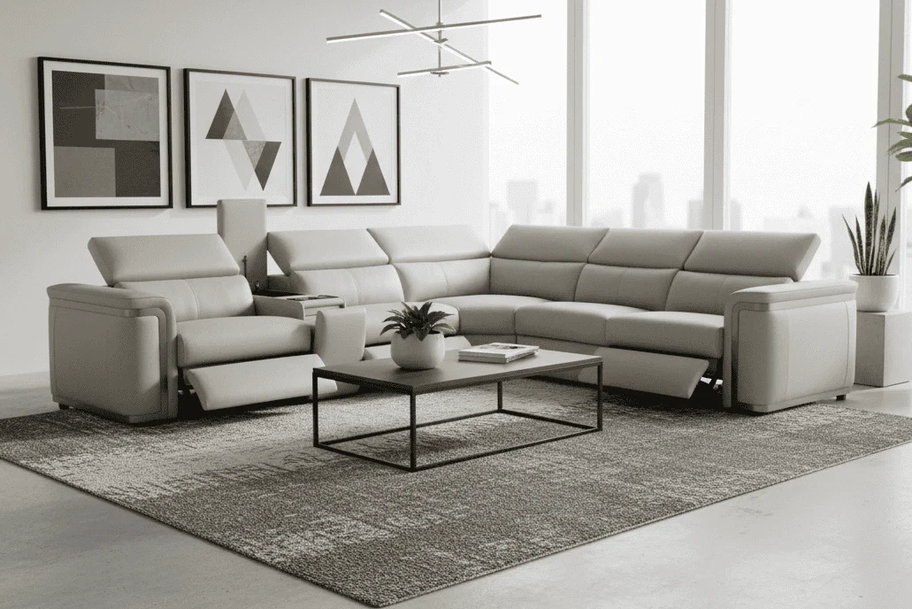 Plaza Electric Recliner Silver Top Grain Leather Corner Sofa With Charging Console