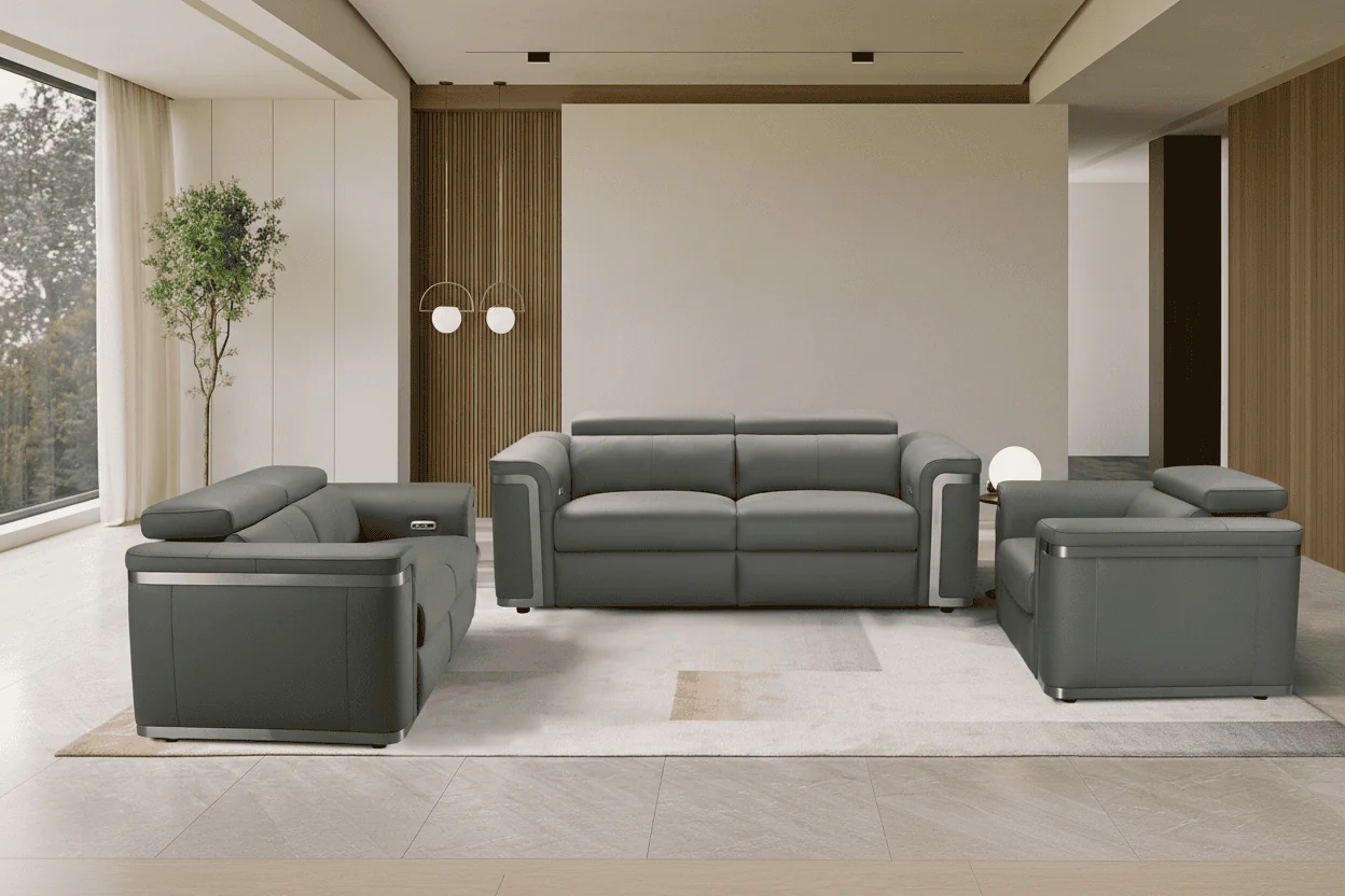 Plaza Top Grain Grey Leather Power Recliner Sofa Range with Adjustable Headrests