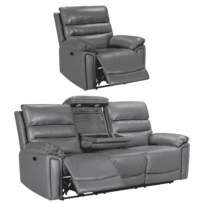 Donald Grey Leather Electric / Power Reclining Sofa Range Suite Set With Drinks Coolers USB Charging Ports & Drop Down Tray Table - Image 18