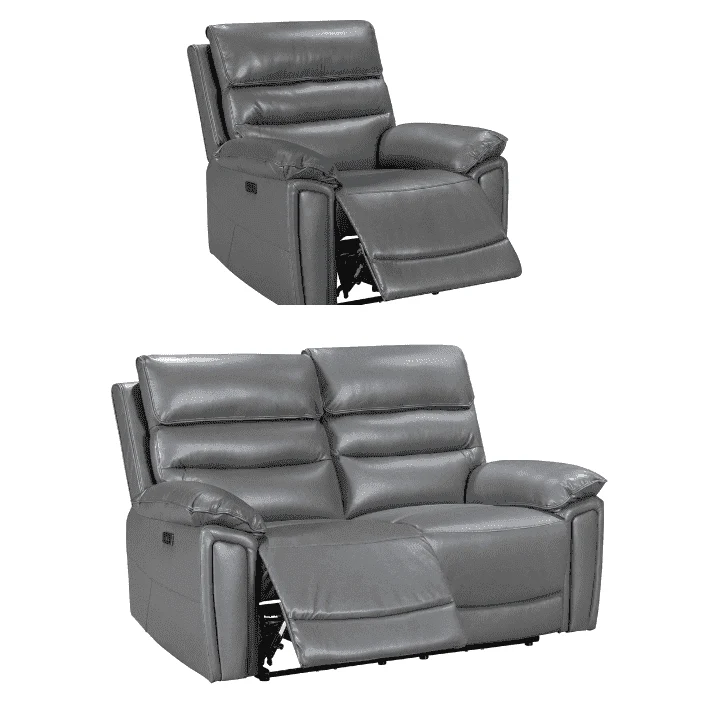 Donald Grey Leather Electric / Power Reclining Sofa Range Suite Set With Drinks Coolers USB Charging Ports & Drop Down Tray Table - Image 20