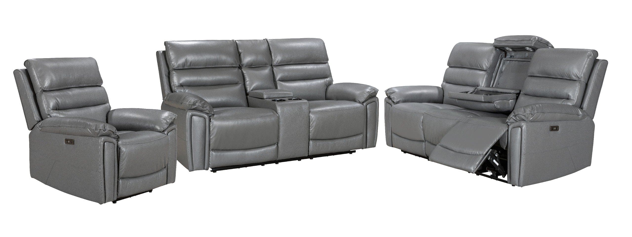Donald Grey Leather Electric / Power Reclining Sofa Range Suite Set With Drinks Coolers USB Charging Ports & Drop Down Tray Table - Image 32