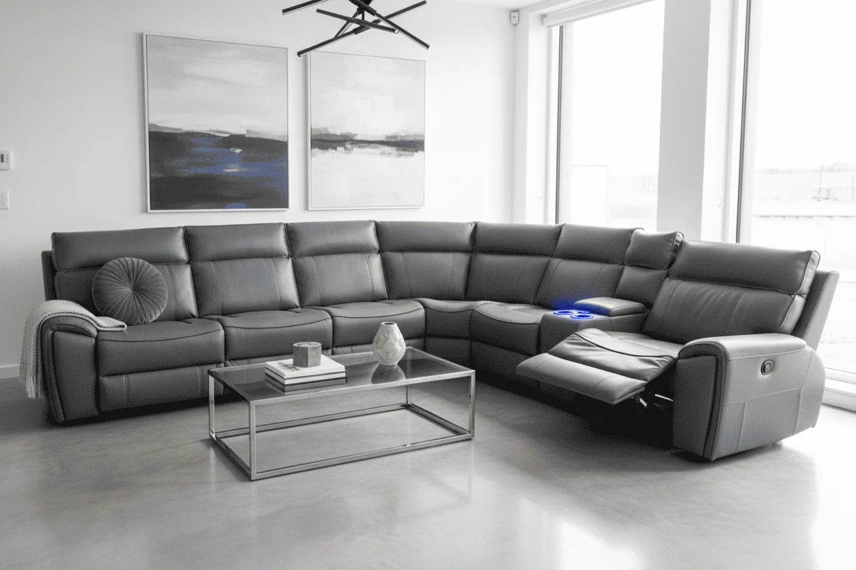 "Ronan"Grey Leather 3C2C Electric Recliner Corner Sofa With Drinks Cooling Cupholders & USB Charging Ports (Reversible)