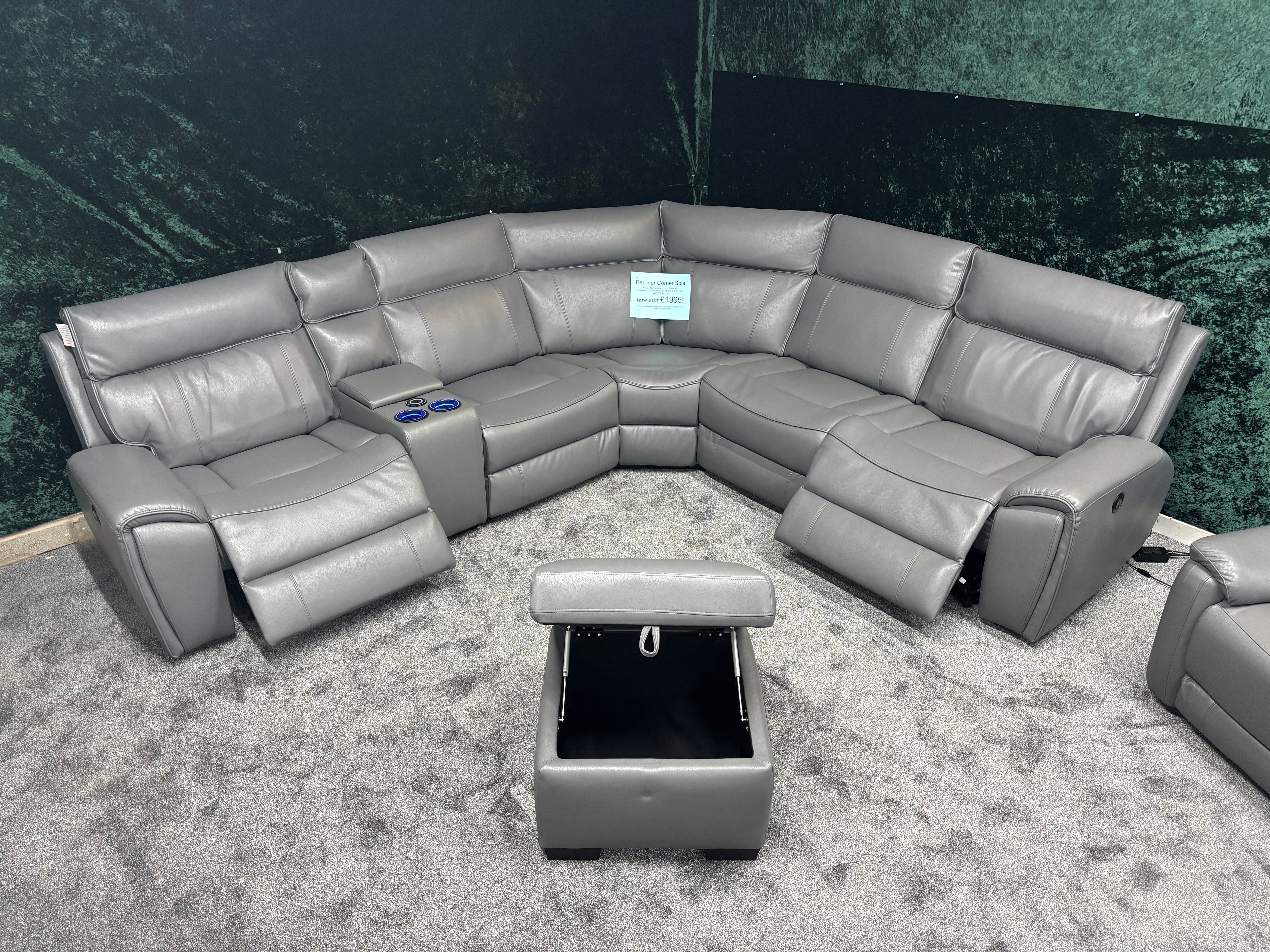 "Ronan" Grey Leather Electric Recliner Corner Sofa + Storage Footstool, Cupholders & USB Charging Ports (Reversible)