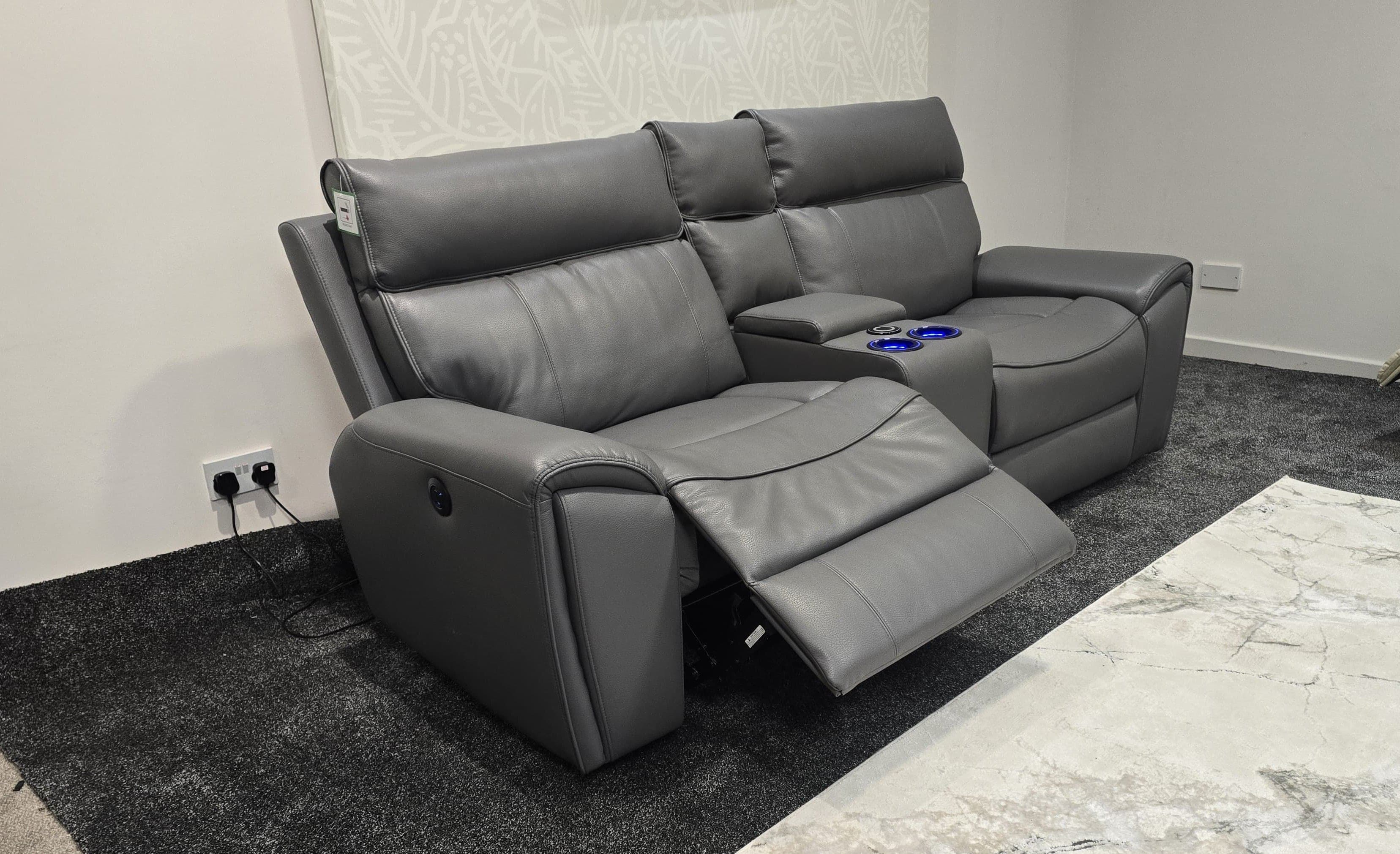 "Ronan" Cinema Sofa in Milano Grey Leather Power Recliner Complete With USB & Wireless Charging. Laf + Raf + Console - Image 2