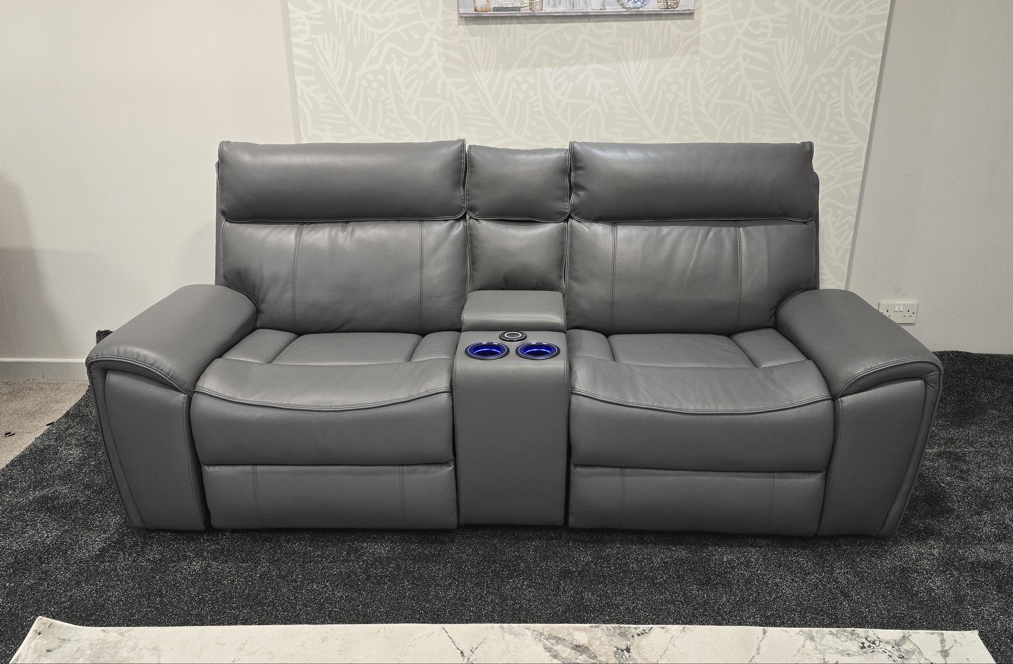 "Ronan" Cinema Sofa in Milano Grey Leather Power Recliner Complete With USB & Wireless Charging. Laf + Raf + Console - Image 3