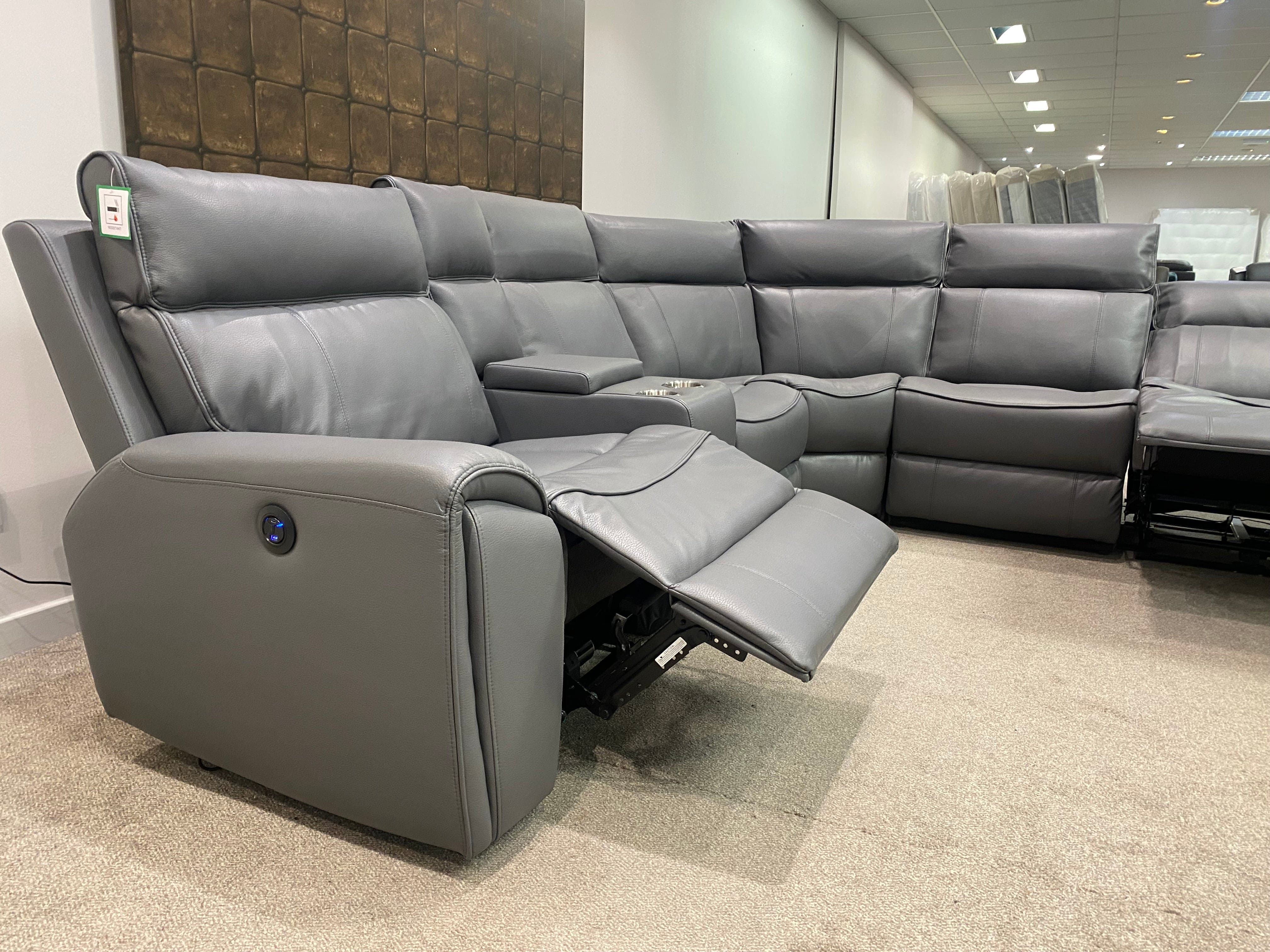 "Ronan" Grey Leather Electric Recliner Corner Sofa With USB Charing Ports + Drinks Console With Storage (Reversible) - Image 8