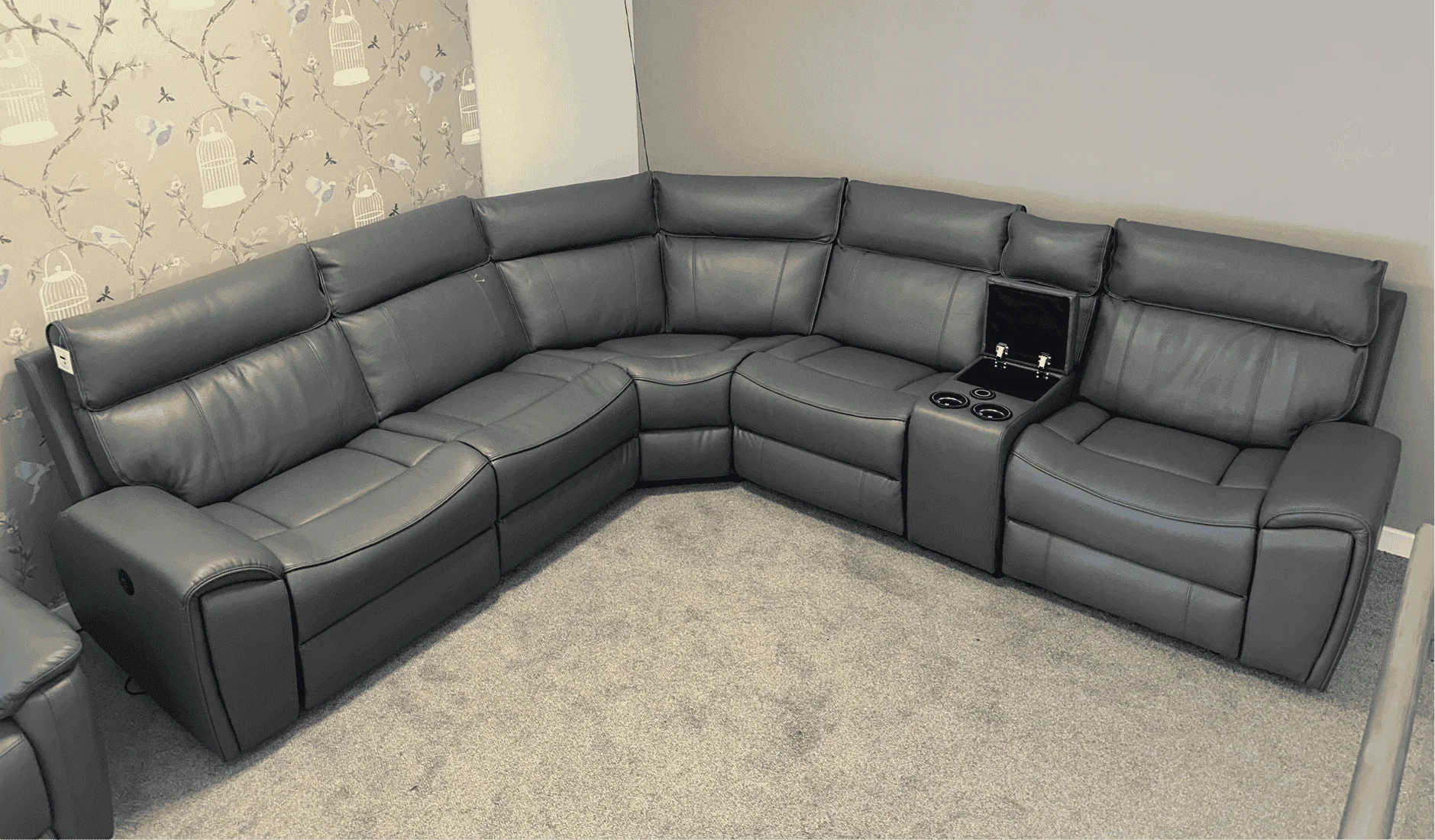 "Ronan" Grey Leather Electric Recliner Corner Sofa + Drinks Cooling Cupholders & USB Charging Ports (Reversible) - Image 12