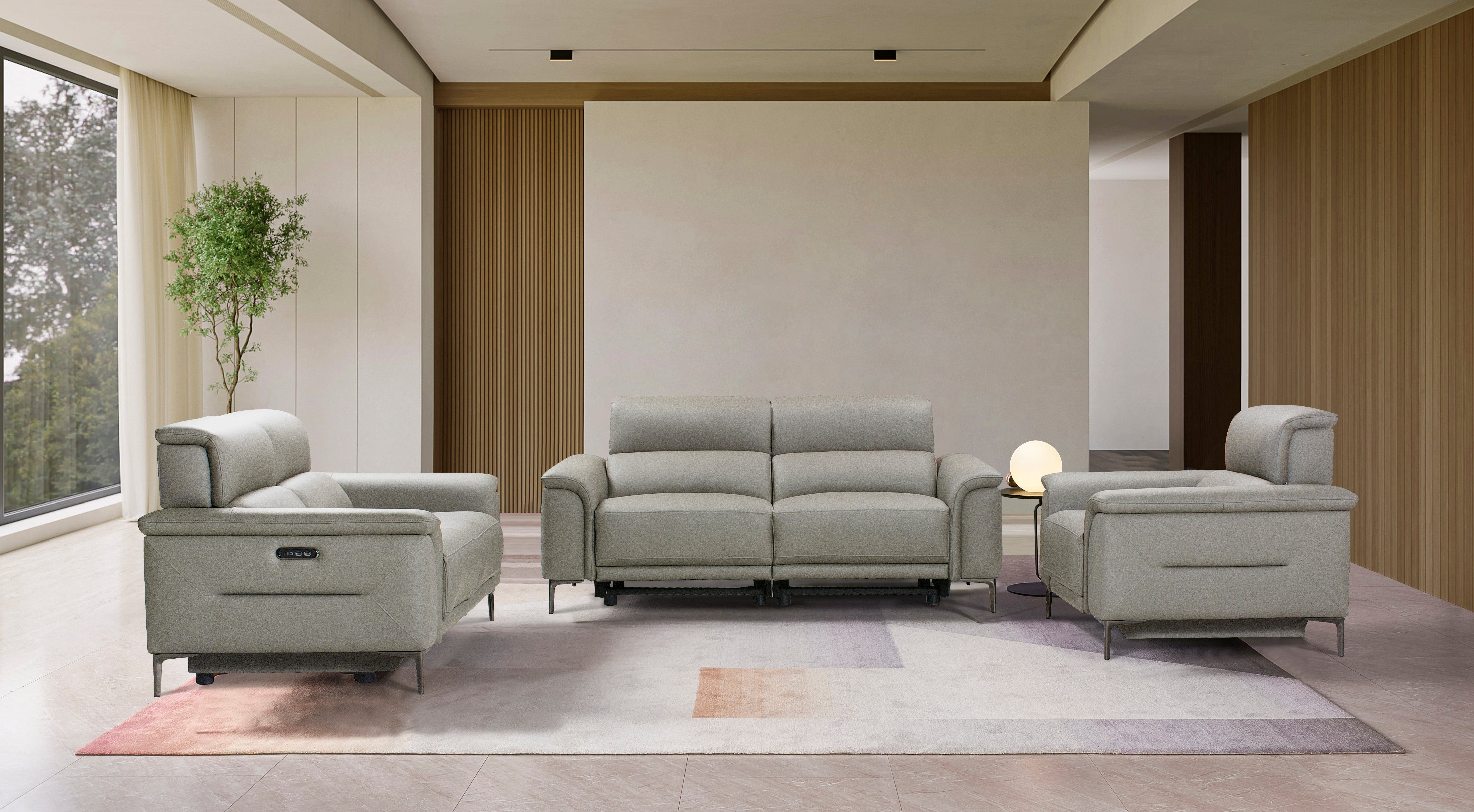 San Andreas Top Grain Silver Leather Power Recliner Sofa Range with Adjustable Headrests