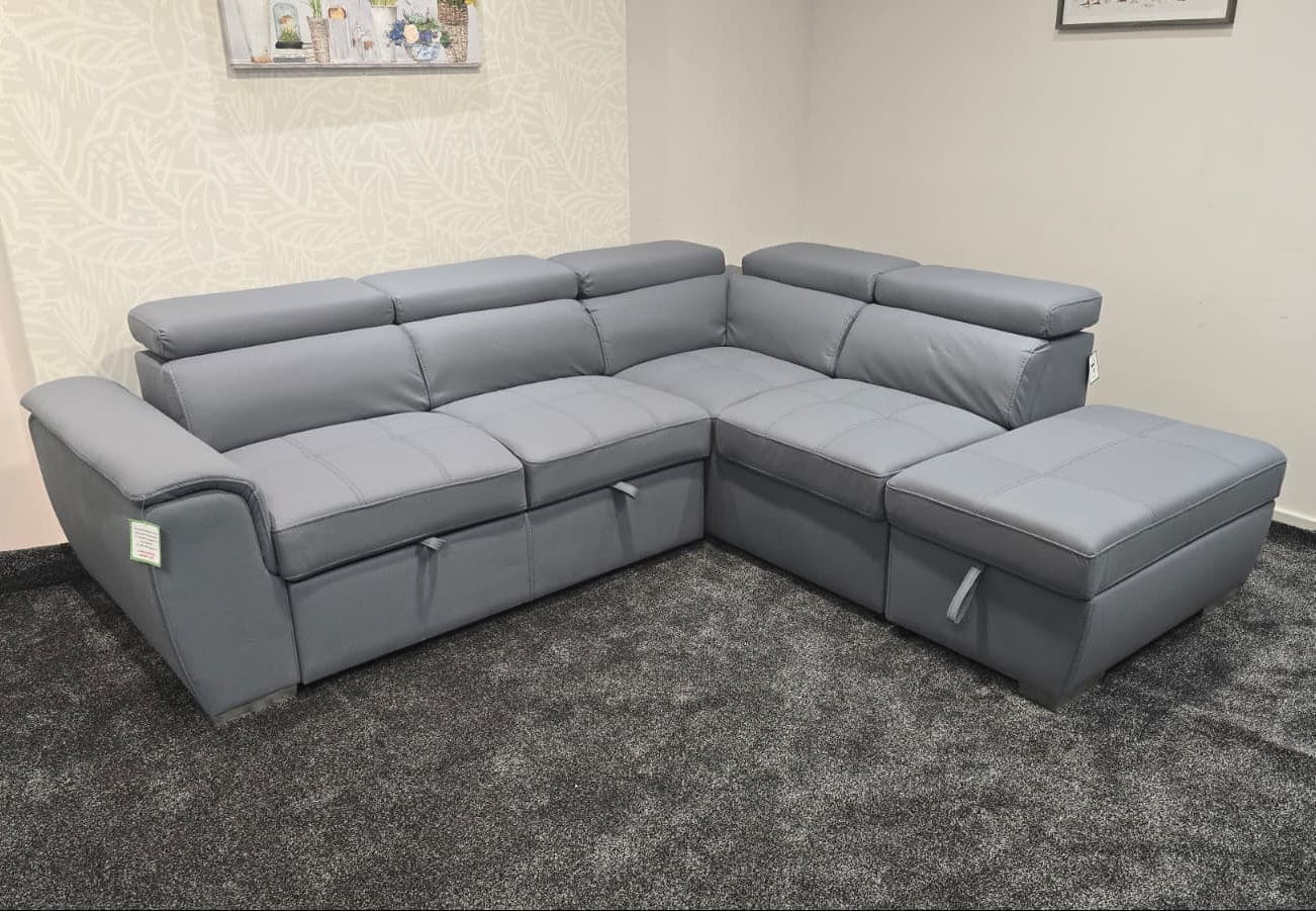 SOFA BED Sophia Grey Fabric RHF Corner Sofa Bed With Storage Footstool & Adjustable Headrests - Image 9