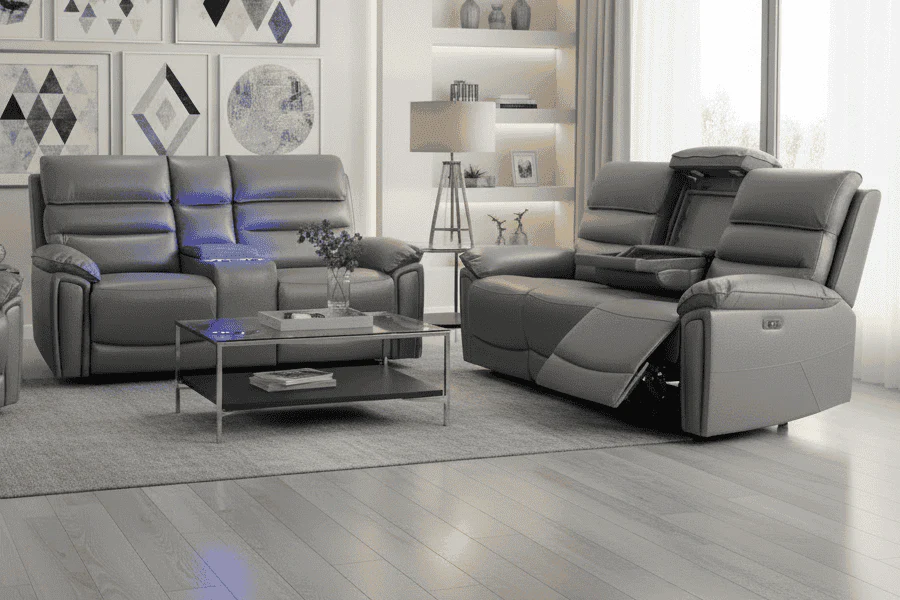 BUNDLE OFFER! Calisese Grey Leather Electric Reclining 3 Seater + 2 Seater Sofa Set With Drinks Coolers, USB Charging Ports & Drop Down Tray Table With Reading Lights - Image 4