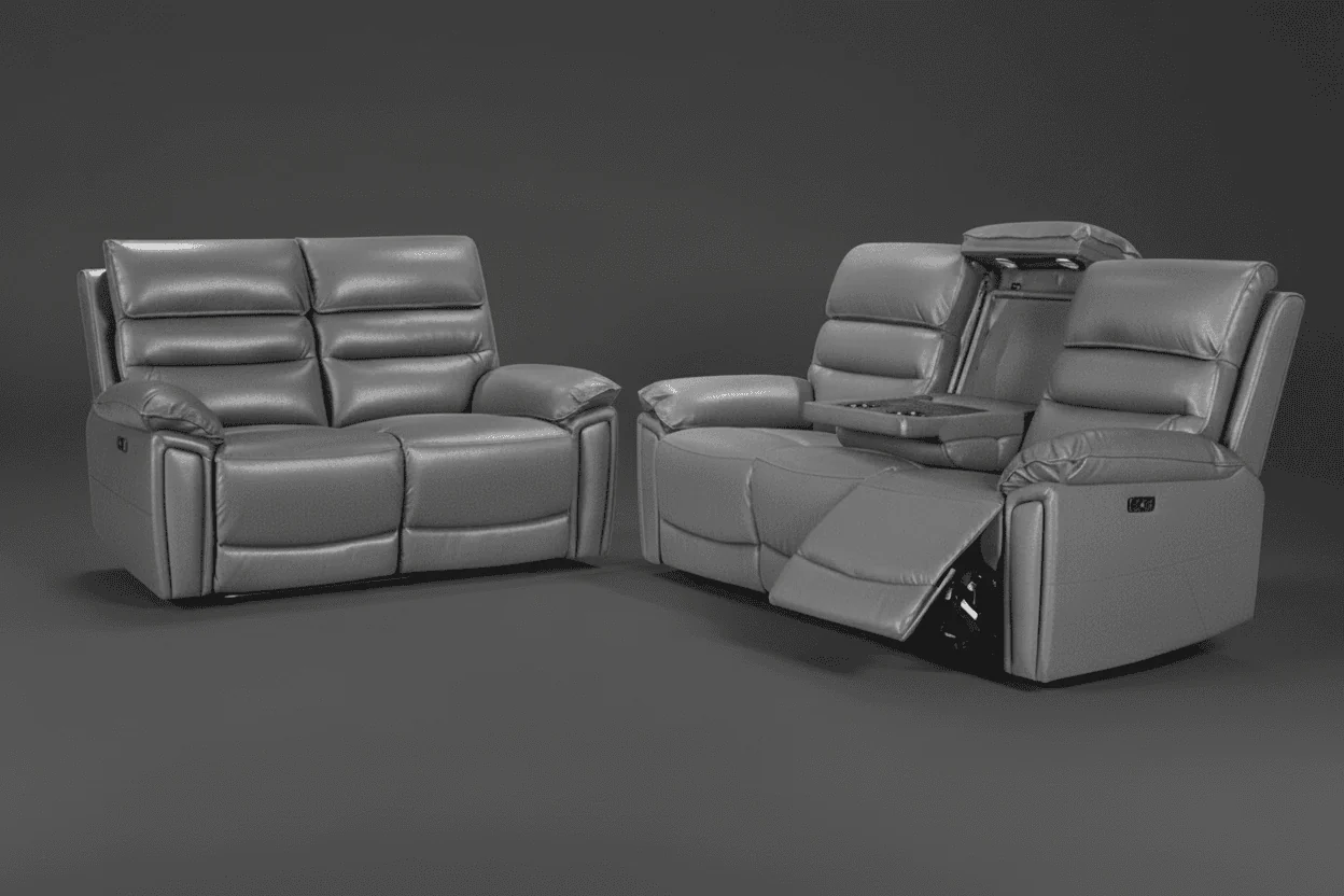 'SPECIAL OFFER' Calisese Grey Leather Electric Reclining 3 Seater + 2 Seater Sofa Set With USB Charging Ports & Drop Down Tray Table With Reading Lights