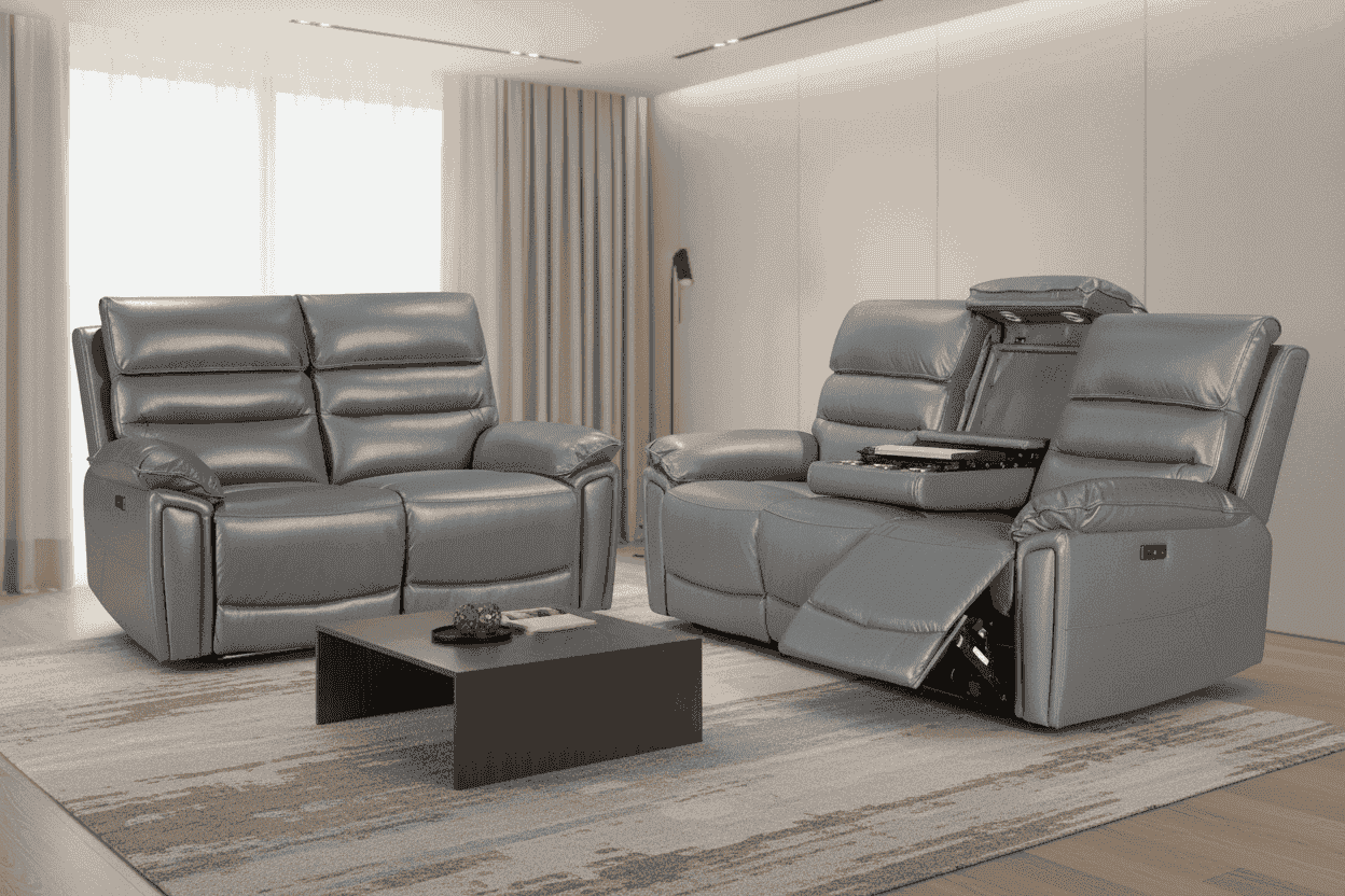 'SPECIAL OFFER' Calisese Grey Leather Electric Reclining 3 Seater + 2 Seater Sofa Set With USB Charging Ports & Drop Down Tray Table With Reading Lights - Image 2