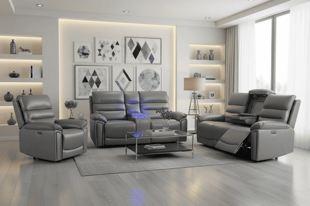 BUNDLE OFFER FOR WHOLE SET! Calisese Grey Leather Electric Reclining 3 Seater + 2 Seater With Drinks Cooler Console + Armchair Sofa Set With USB Charging Ports & Drop Down Tray Table With Reading Lights