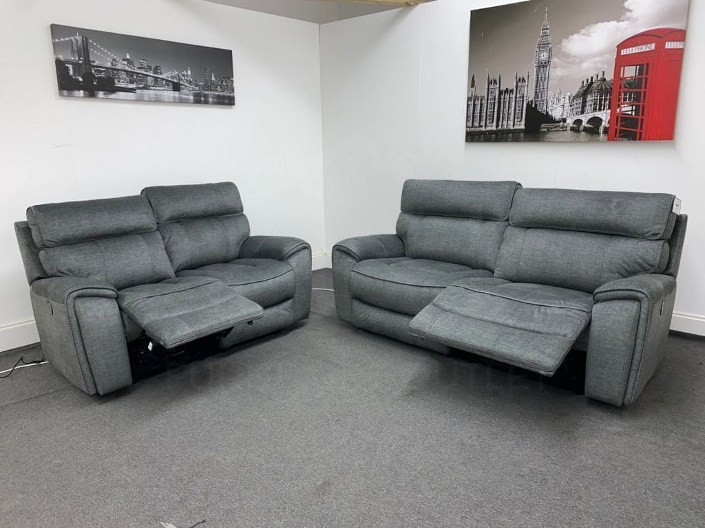 ( STAFF VOTED MOST COMFY ) - Portebello Electric Recliner Grey Fabric 3 Seater + 2 Seater Sofa Suite Set | Couch |